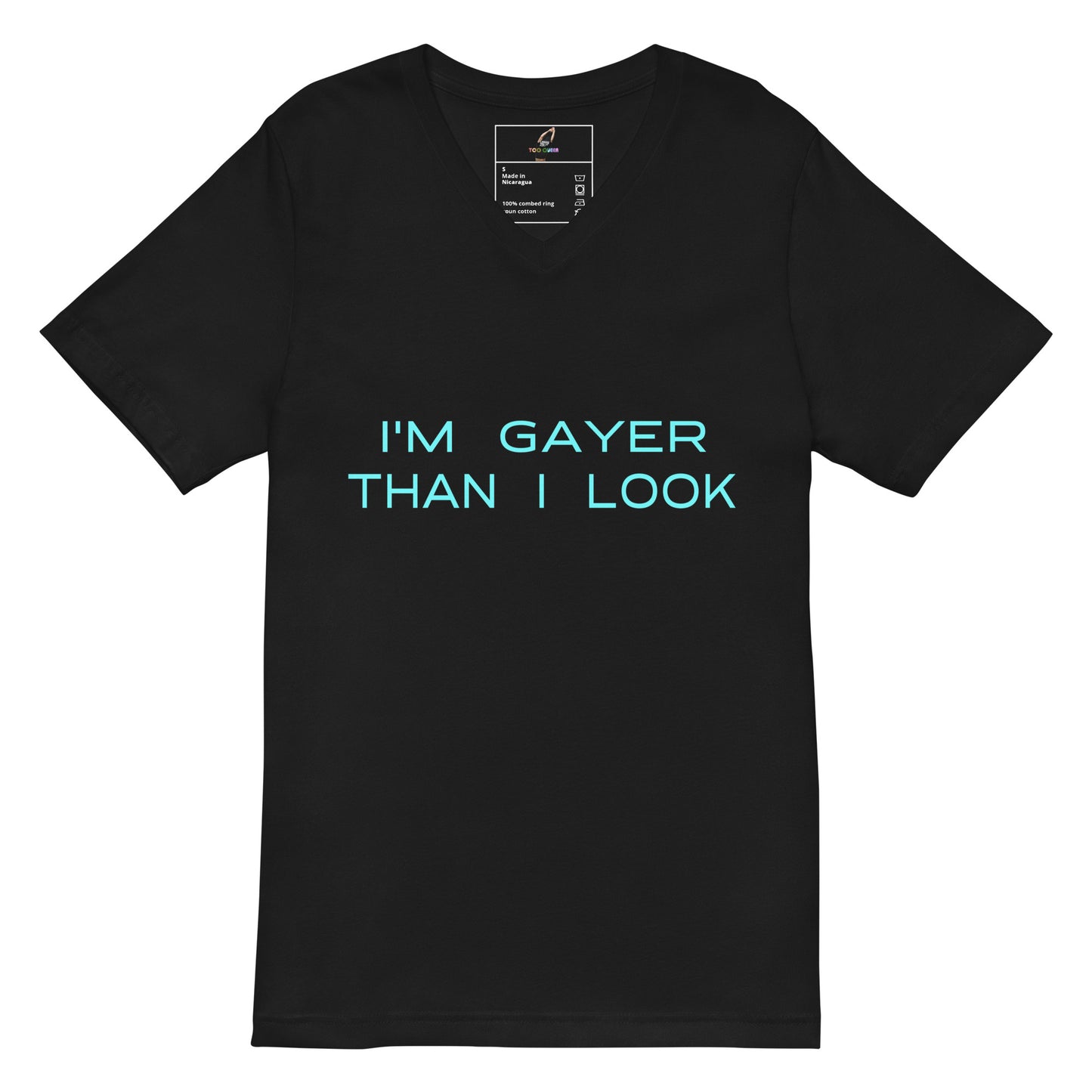 Navy blue t-shirt with pink text on a white background
