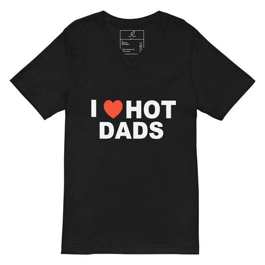 A black short-sleeve V-neck t-shirt with the text 'I [red heart] HOT DADS' printed in white across the chest, displayed on a solid white background.