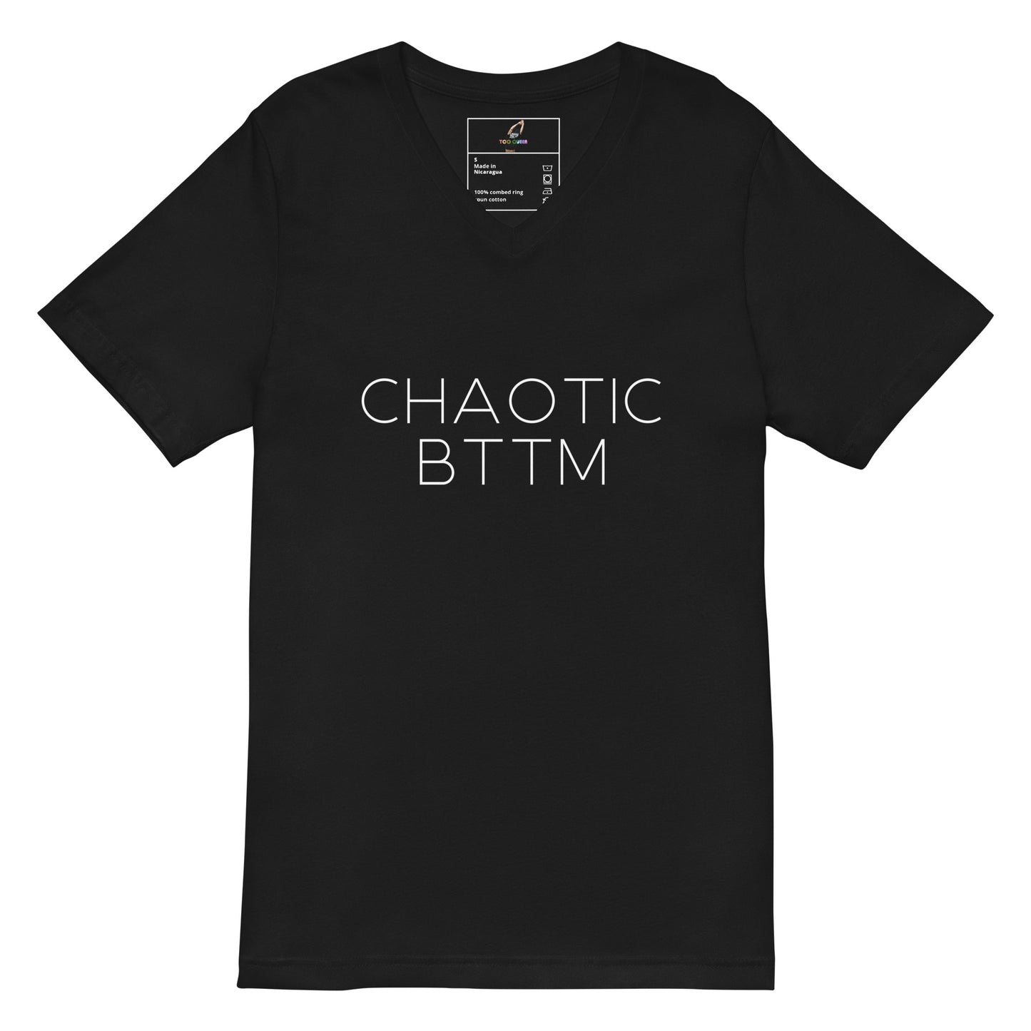 Black t-shirt with a logo on the chest against a white background