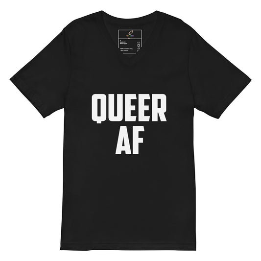 A black short-sleeve V-neck t-shirt with the words 'QUEER AF' printed in bold white capital letters across the front, displayed on a solid white background.