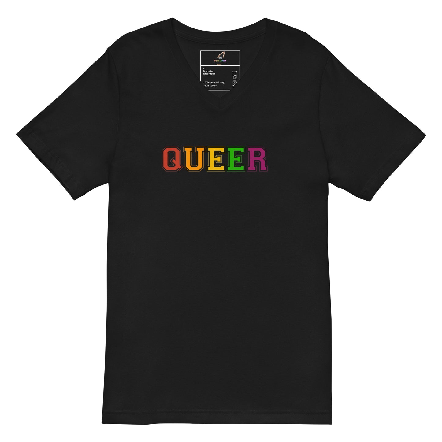 A black short-sleeve V-neck t-shirt featuring the word 'QUEER' printed across the chest in a rainbow gradient, displayed on a solid white background.