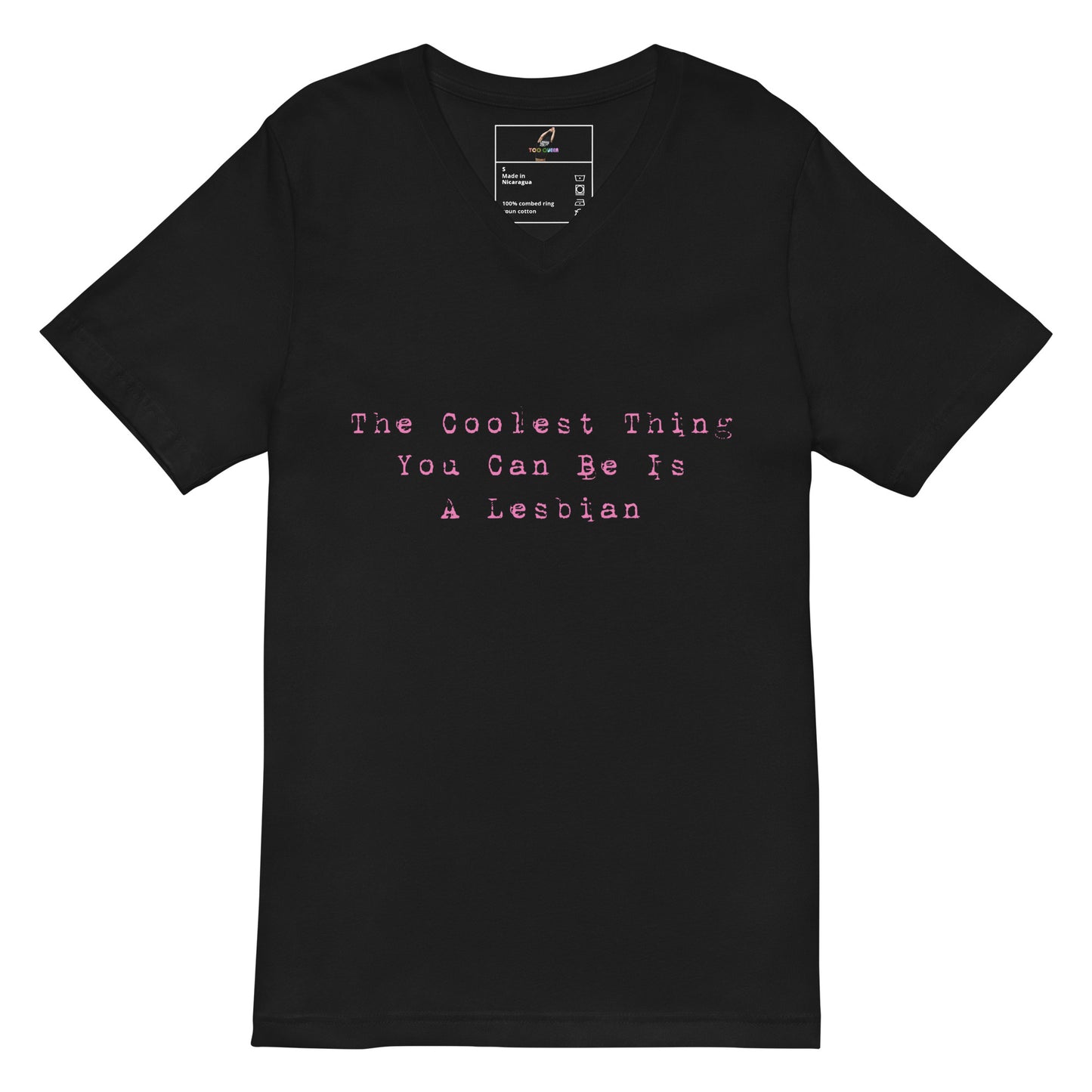 Black t-shirt with a logo on the chest against a white background
