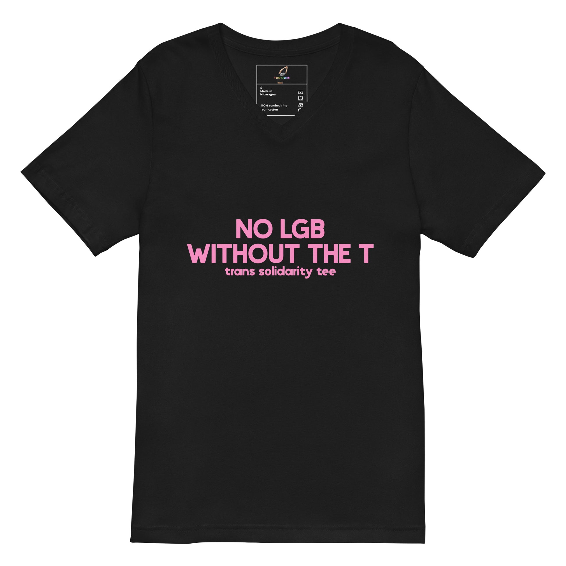 A navy blue v-neck t-shirt with pink text on the chest that reads 'SERVING LEWKS, DEMANDING RIGHTS, AND HOT DOING IT.'