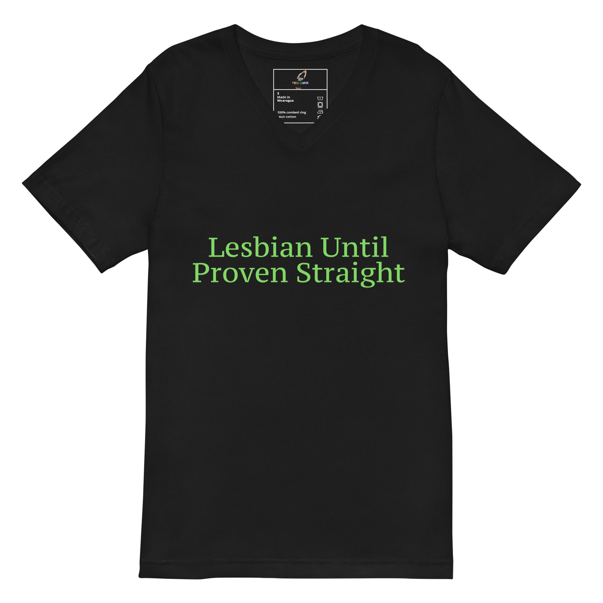 Black t-shirt with a logo on the chest against a white background