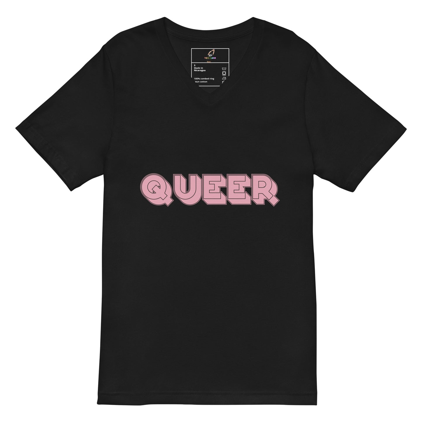 A black short-sleeve V-neck T-shirt with the word 'QUEER' printed across the chest in pink bubble letters, shown on a plain white background.