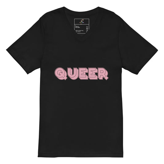 A black short-sleeve V-neck T-shirt with the word 'QUEER' printed across the chest in pink bubble letters, shown on a plain white background.