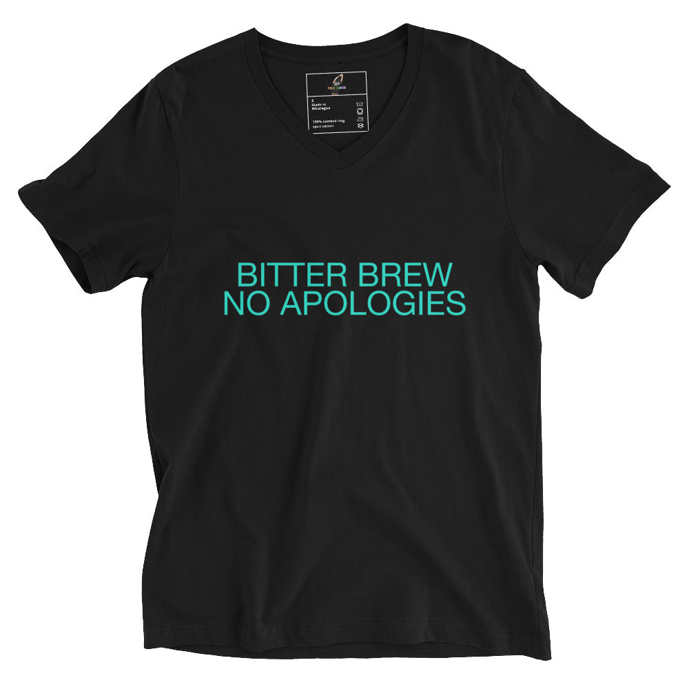 BITTER BREW NO APOLOGIES Unisex Short Sleeve V-Neck T-Shirt - Black