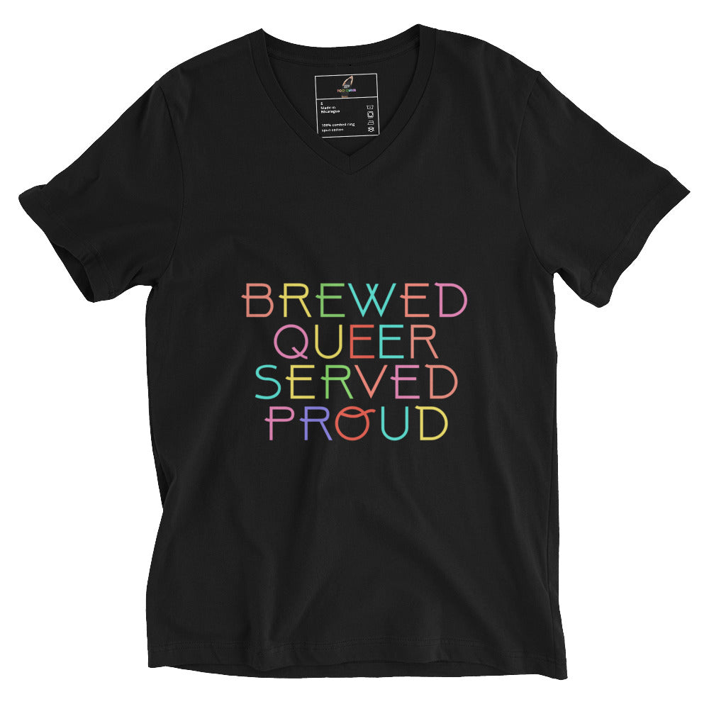 Brewed Queer Served Proud Unisex Short Sleeve V-Neck T-Shirt - Black