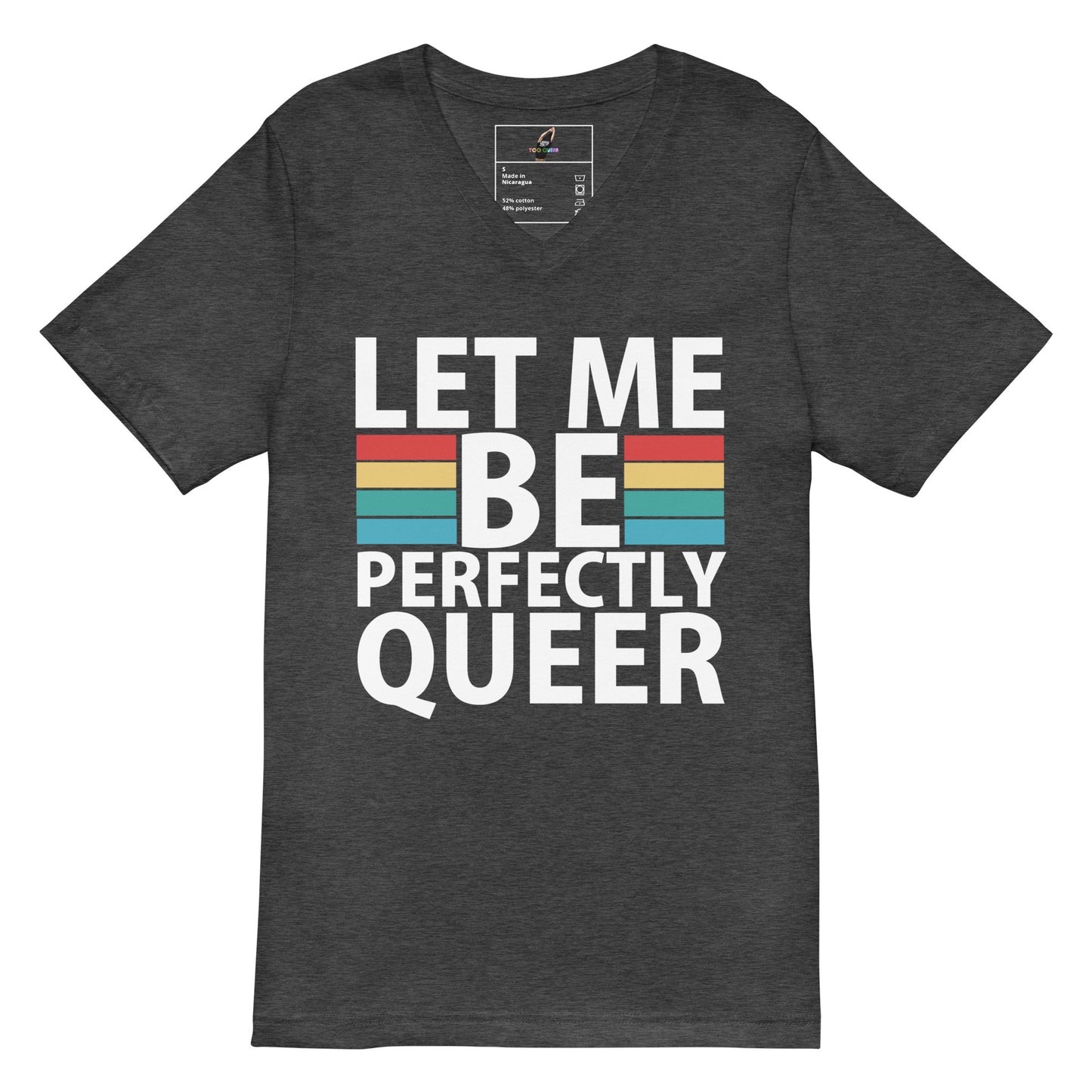 A dark heather gray v-neck t-shirt with a retro-style graphic that reads 'LET ME BE PERFECTLY QUEER' in white text, featuring horizontal stripes in yellow, orange, and teal between the words 'BE' and 'QUEER'.