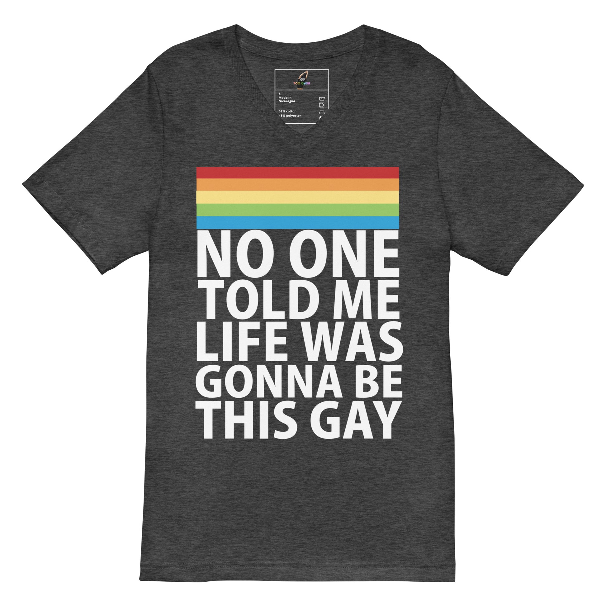 A dark heather gray v-neck t-shirt featuring a rainbow flag graphic above bold white text that reads 'NO ONE TOLD ME LIFE WAS GONNA BE THIS GAY'.