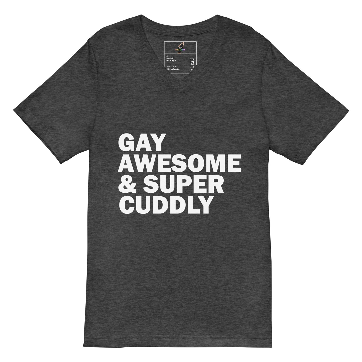 A dark heather gray v-neck t-shirt with bold white text reading 'GAY AWESOME & SUPER CUDDLY' printed on the front, displayed against a solid white background.