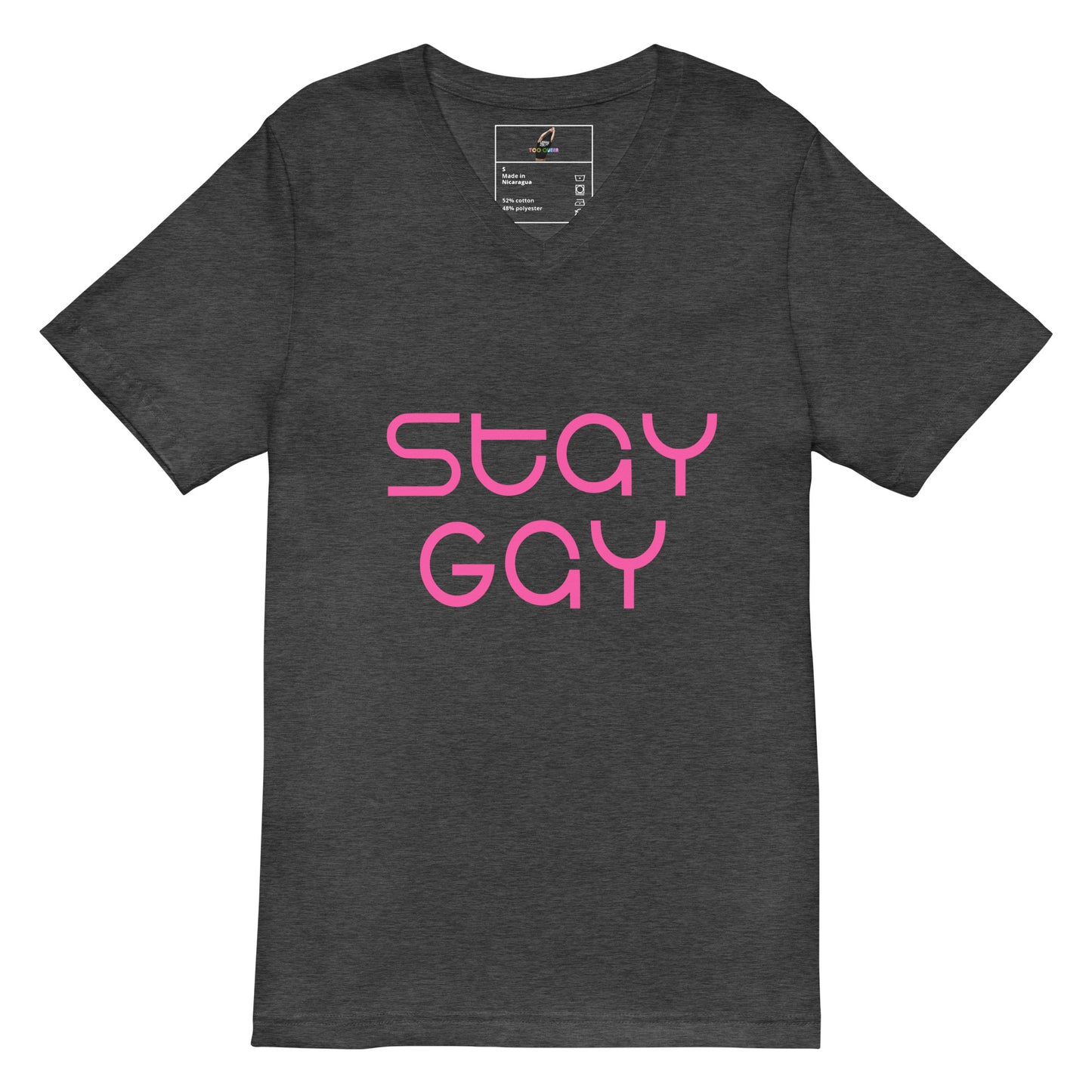 Dark gray t-shirt with a logo on a white background