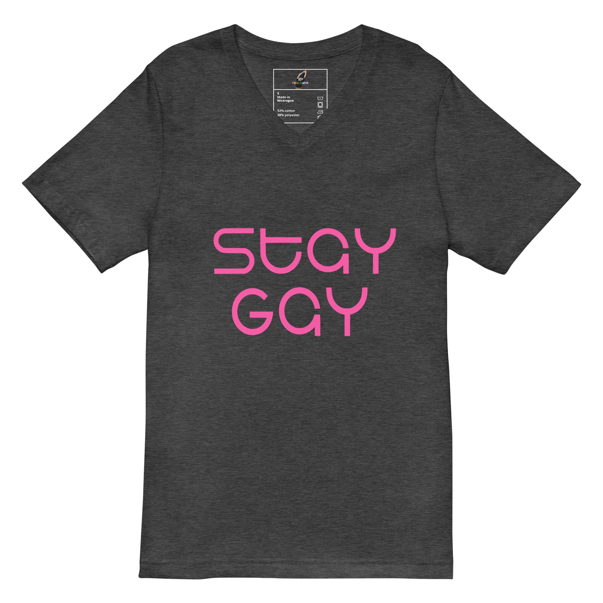 Dark gray t-shirt with a logo on a white background