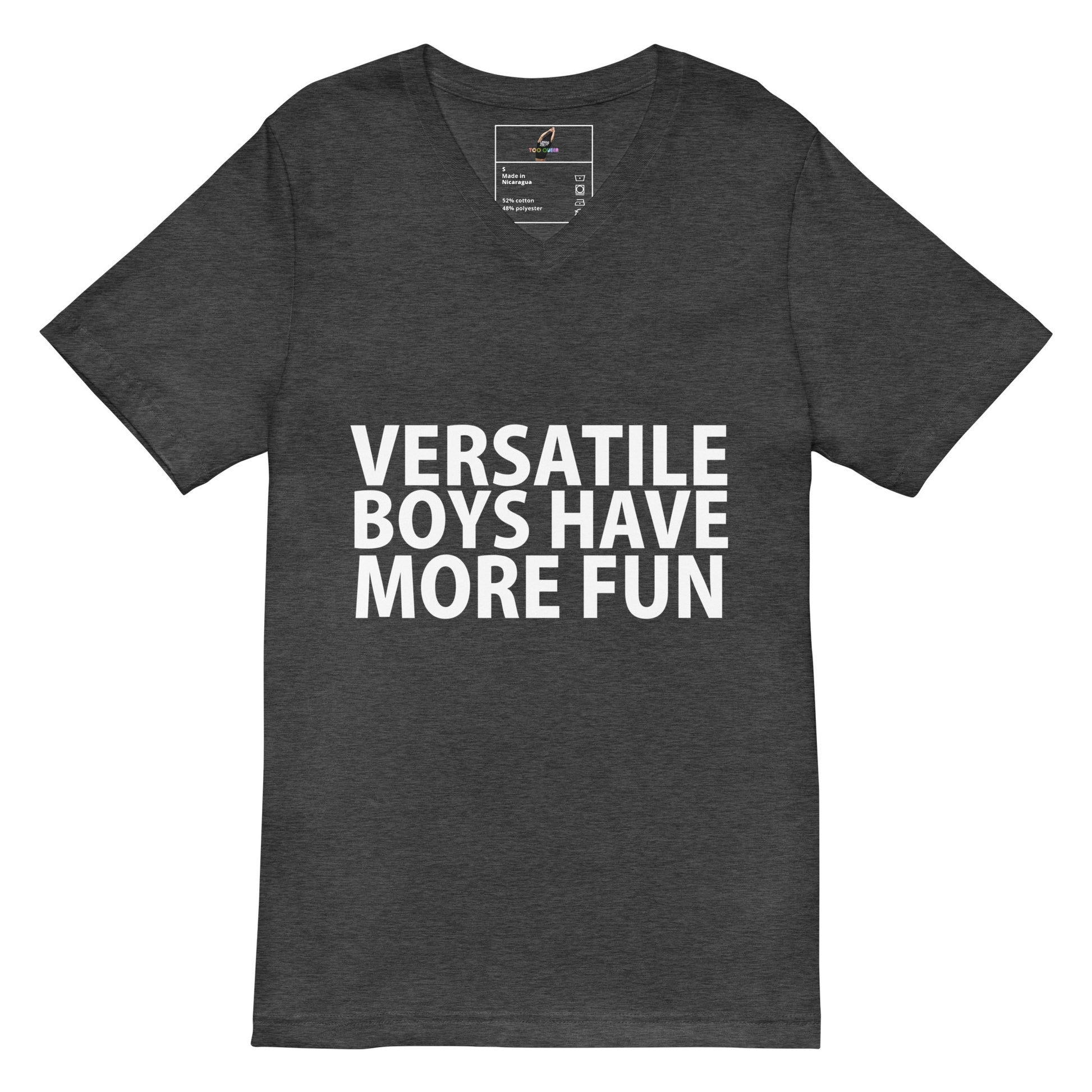 A navy blue v-neck t-shirt with the phrase 'VERSATILE BOYS HAVE MORE FUN' printed in bold white capital letters across the chest, displayed on a clean white background.