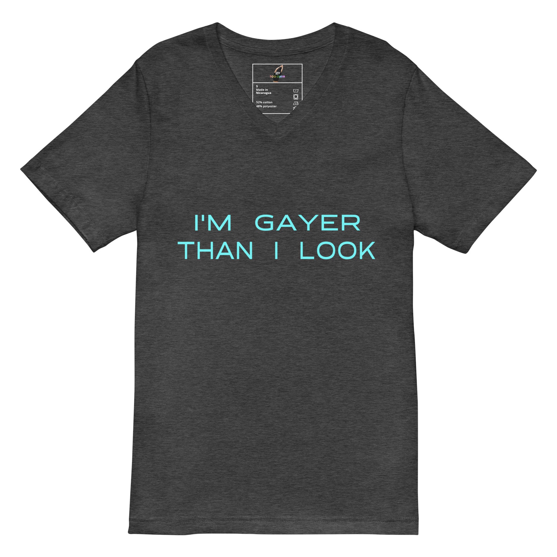 Dark gray t-shirt with a logo on a white background