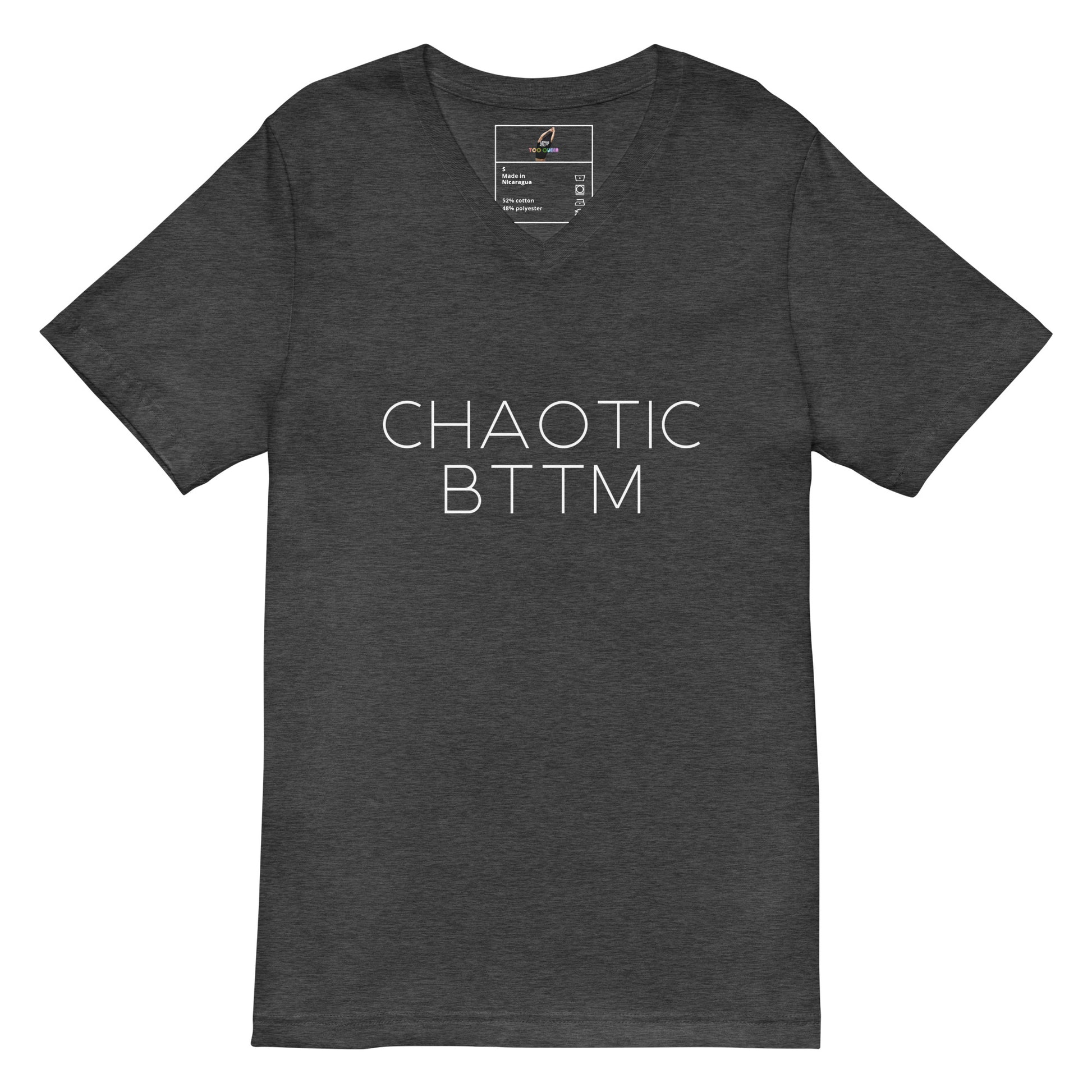 Dark gray t-shirt with a logo on a white background