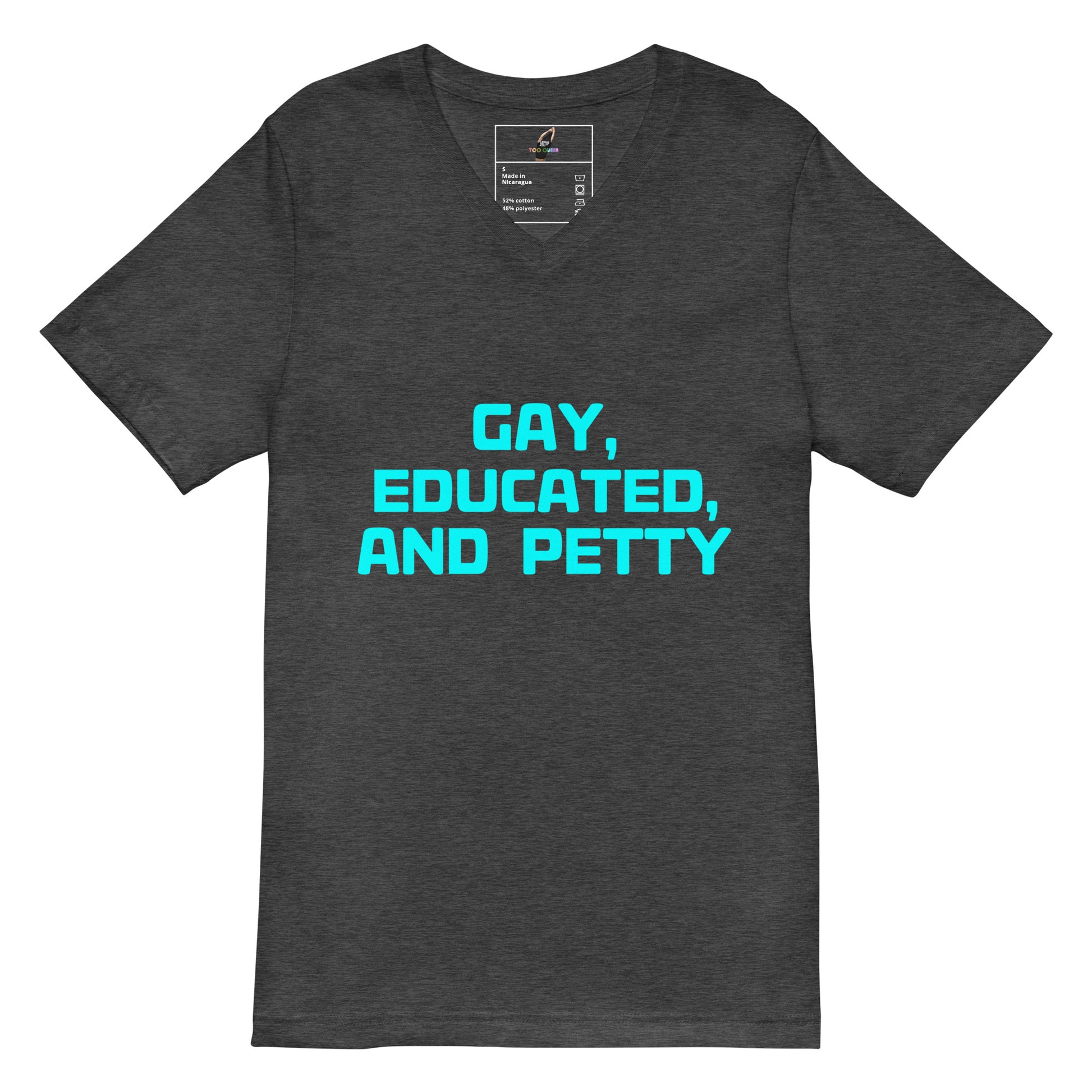 A dark heather gray v-neck t-shirt with the text 'GAY, EDUCATED, AND PETTY' printed in bright cyan blue across the chest, displayed on a solid white background.