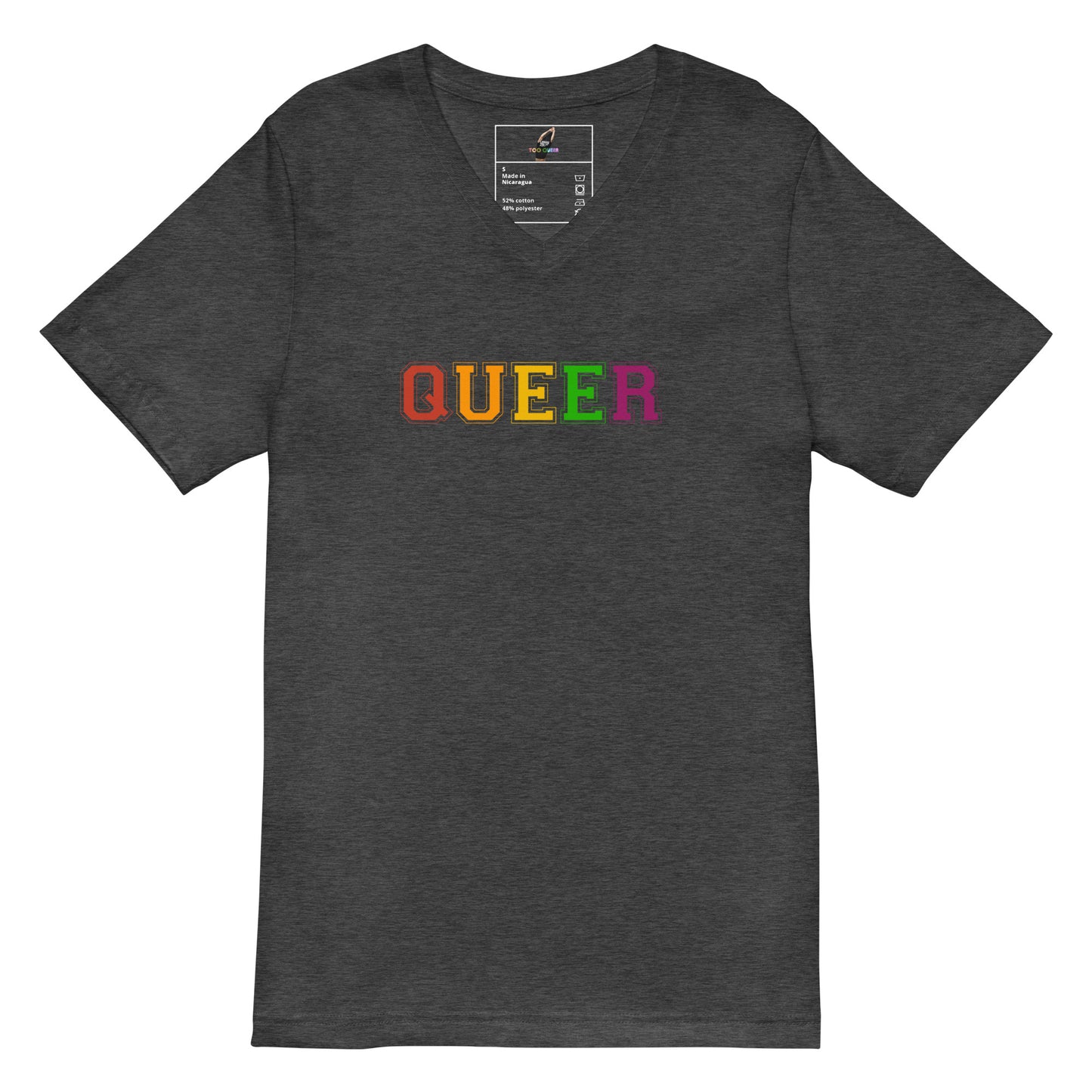 A dark heather gray v-neck t-shirt featuring the word 'QUEER' printed across the chest in rainbow colors, displayed on a solid white background.