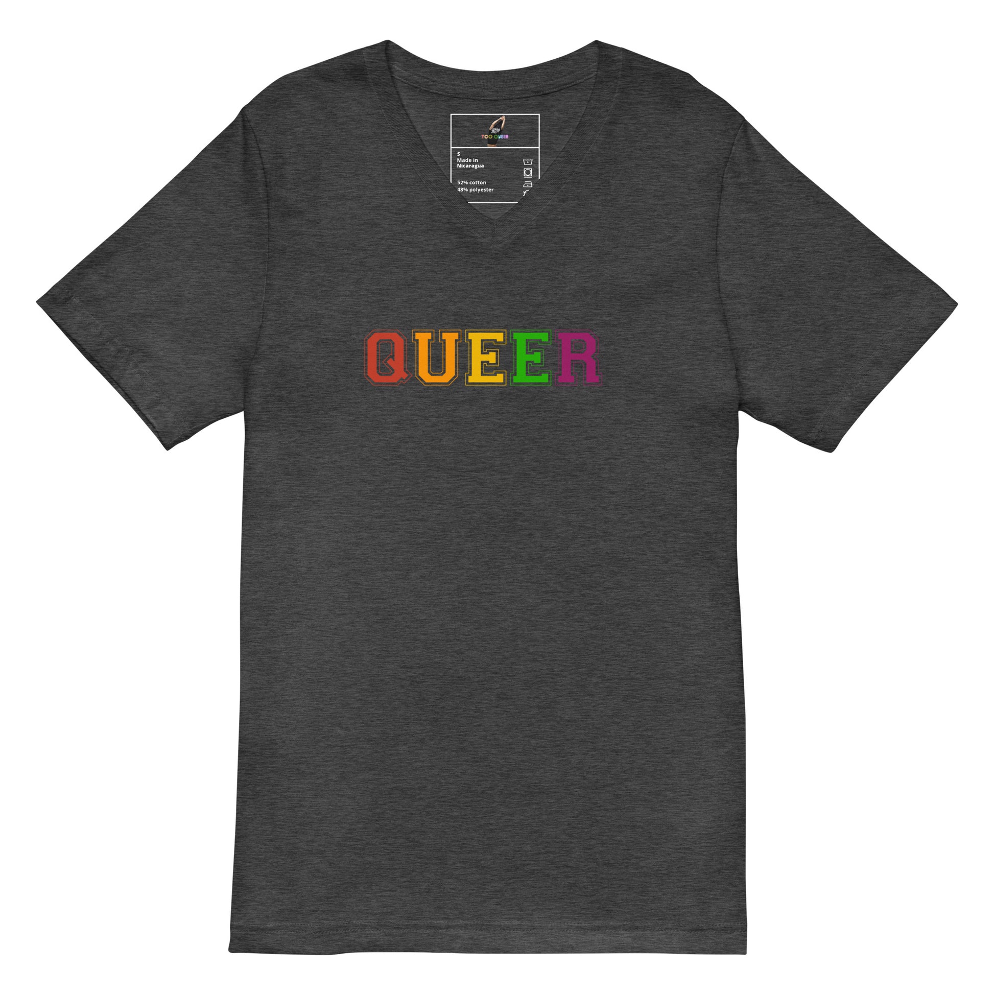 A dark heather gray v-neck t-shirt featuring the word 'QUEER' printed across the chest in rainbow colors, displayed on a solid white background.