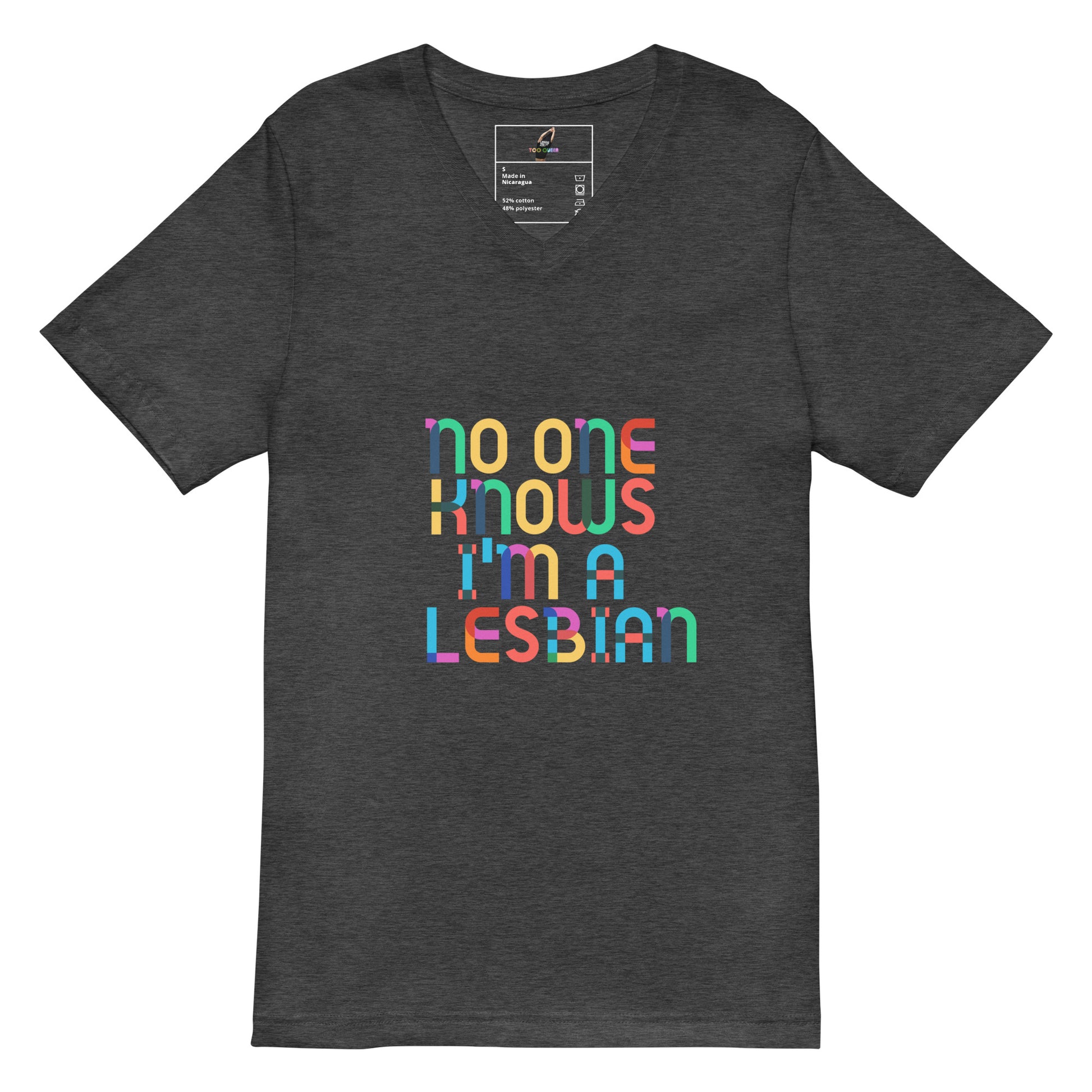 A dark heather gray v-neck t-shirt featuring the text 'no one knows i'm a lesbian' printed in a colorful retro bubble font on the chest.