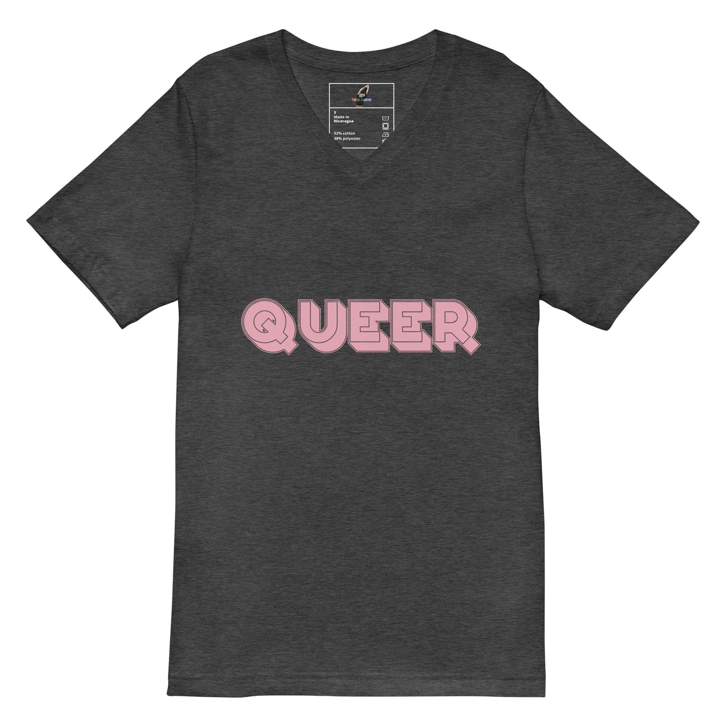 A dark heather gray v-neck t-shirt featuring the word 'QUEER' printed across the chest in pink bubble letters with a white outline, displayed on a solid white background.