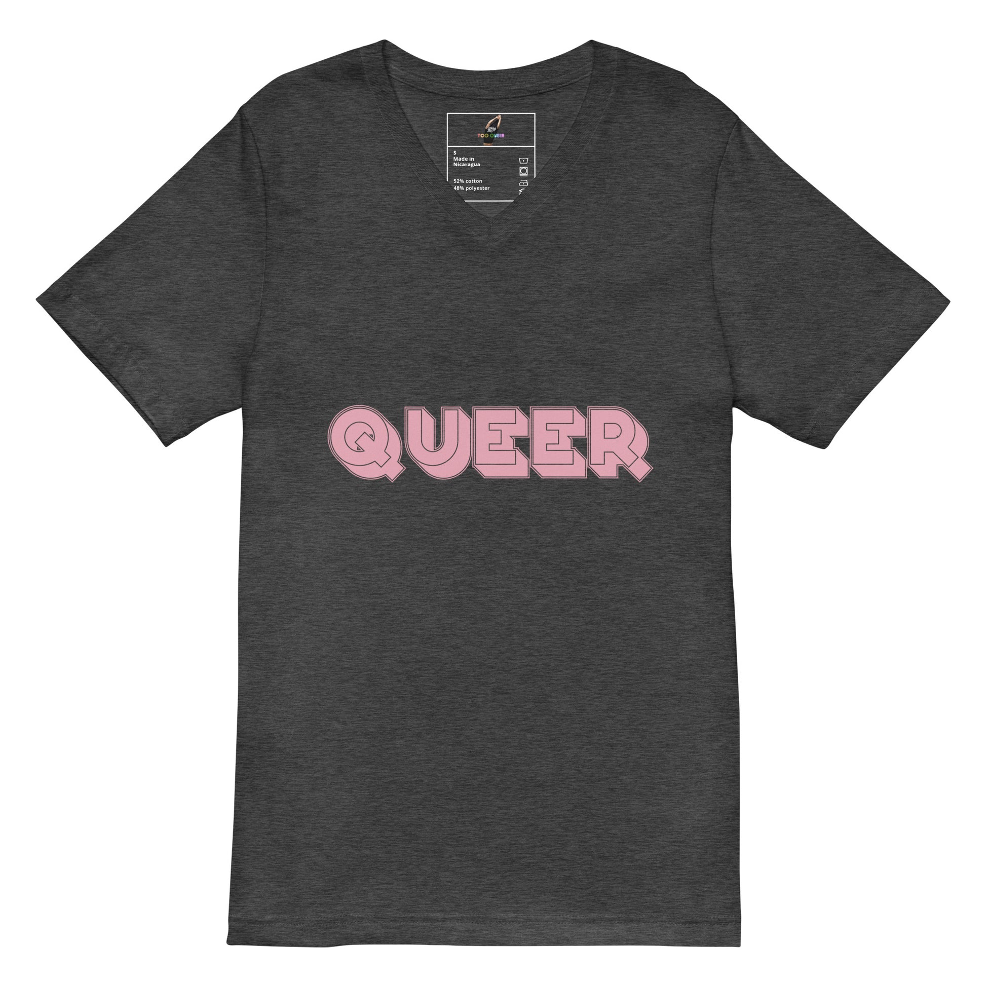 A dark heather gray v-neck t-shirt featuring the word 'QUEER' printed across the chest in pink bubble letters with a white outline, displayed on a solid white background.