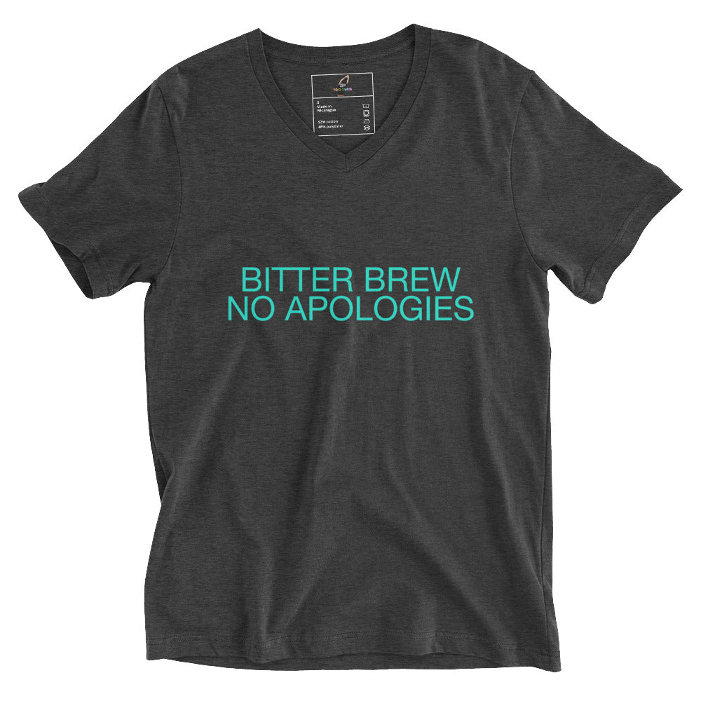 BITTER BREW NO APOLOGIES Unisex Short Sleeve V-Neck T-Shirt - Dark Grey