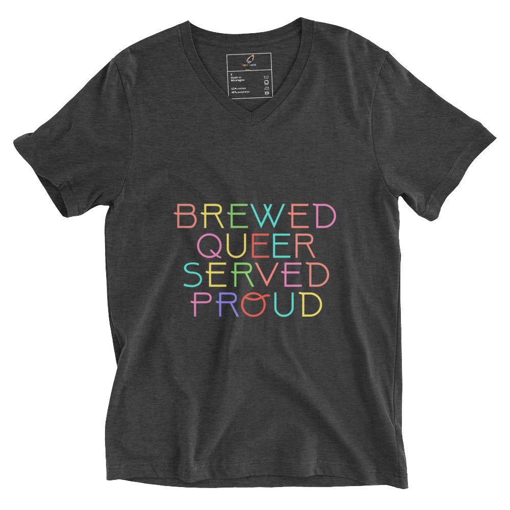 Brewed Queer Served Proud Unisex Short Sleeve V-Neck T-Shirt Dark Grey