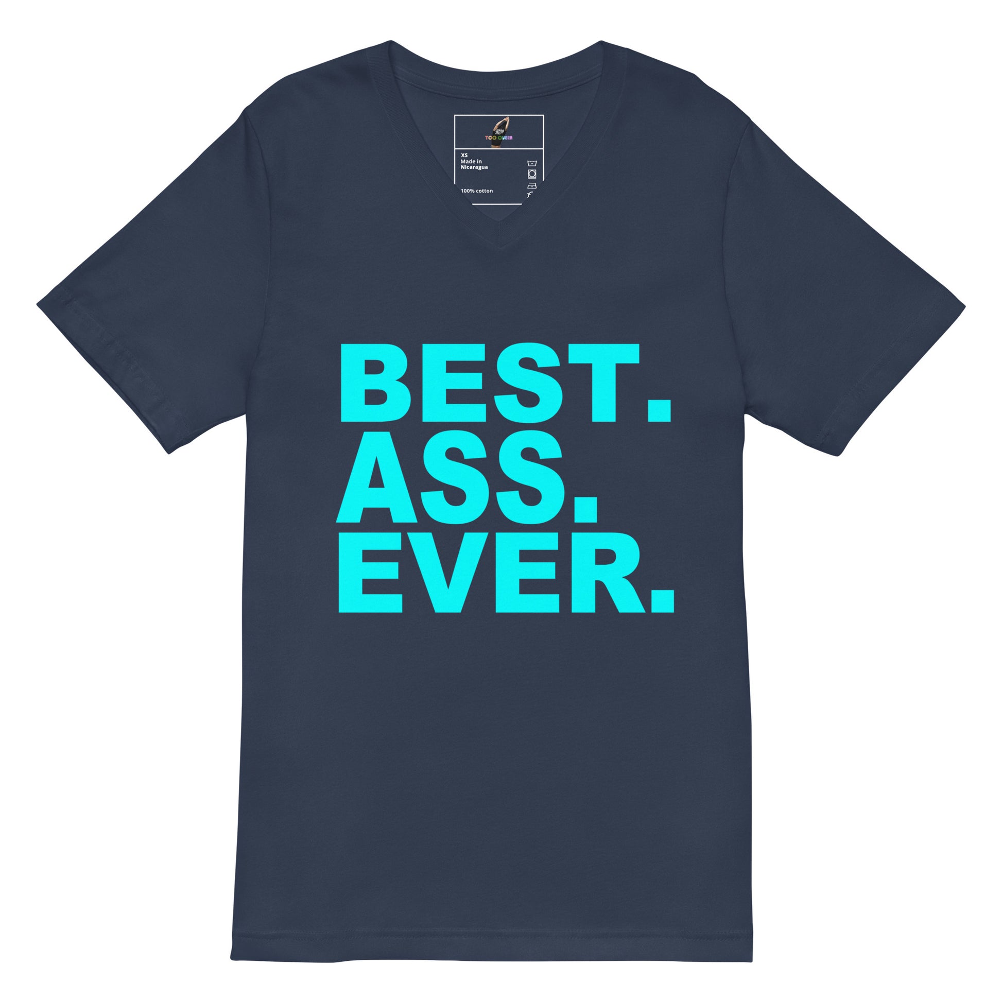 A navy blue short-sleeve V-neck t-shirt with the text 'BEST. ASS.