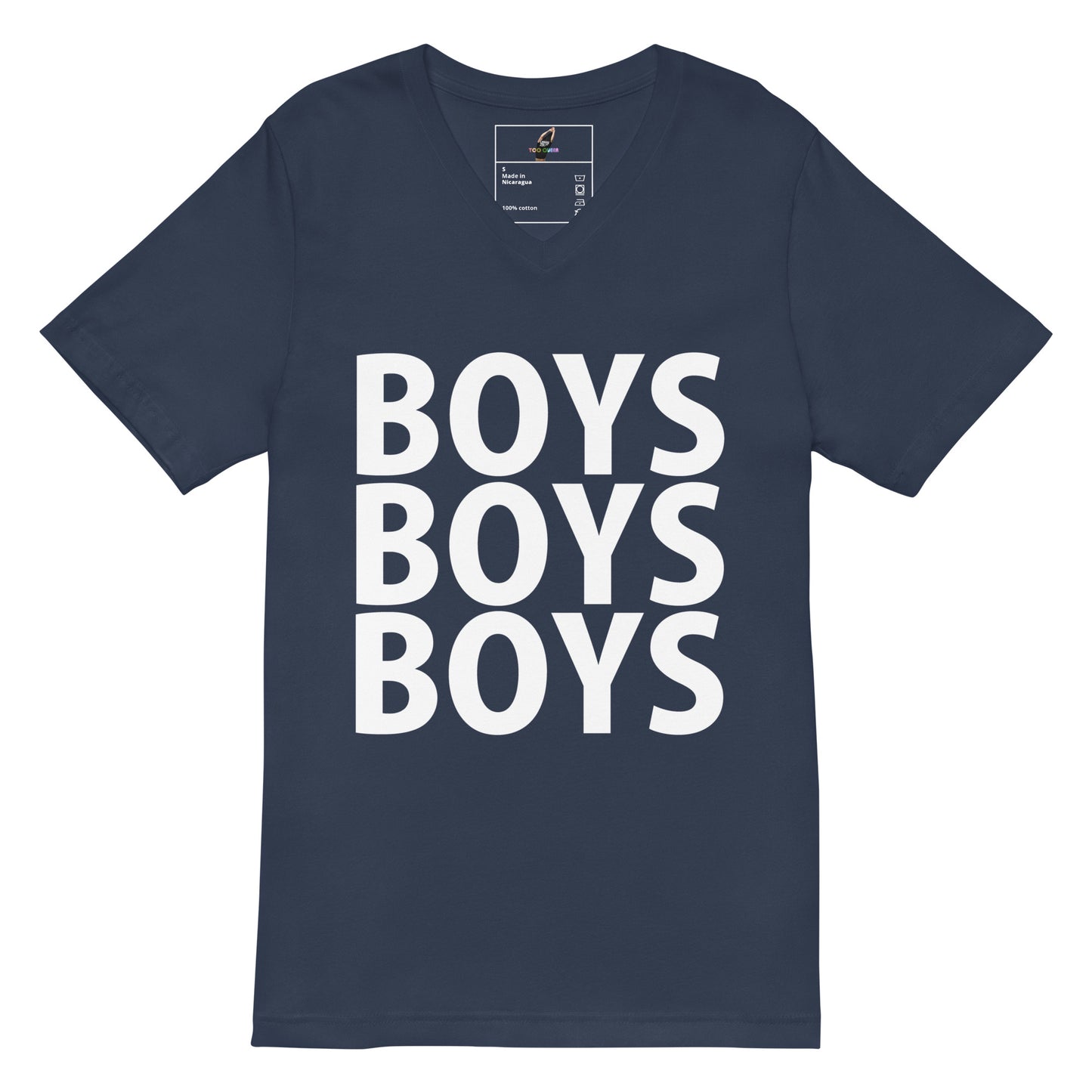 A navy blue v-neck t-shirt with the word 'BOYS' printed vertically in large white block letters, repeated three times to read 'BOYS BOYS BOYS'.