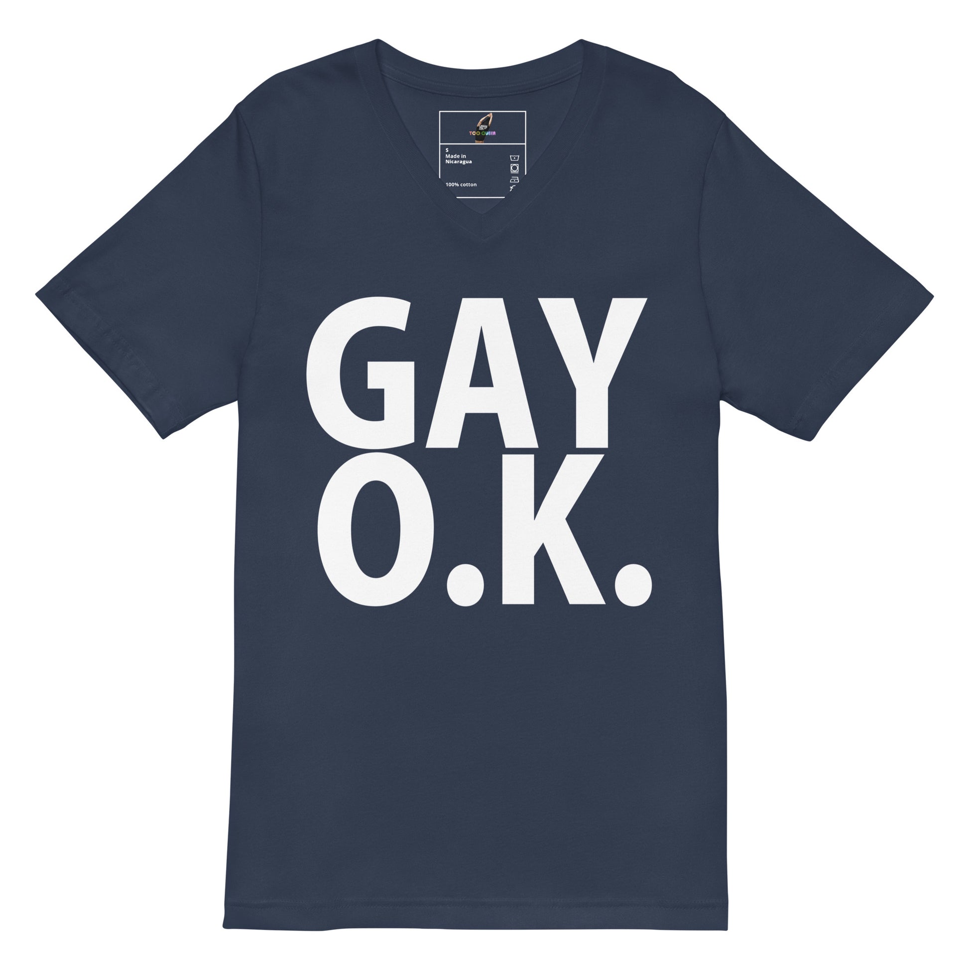 A navy blue v-neck t-shirt with the words 'GAY O.K.