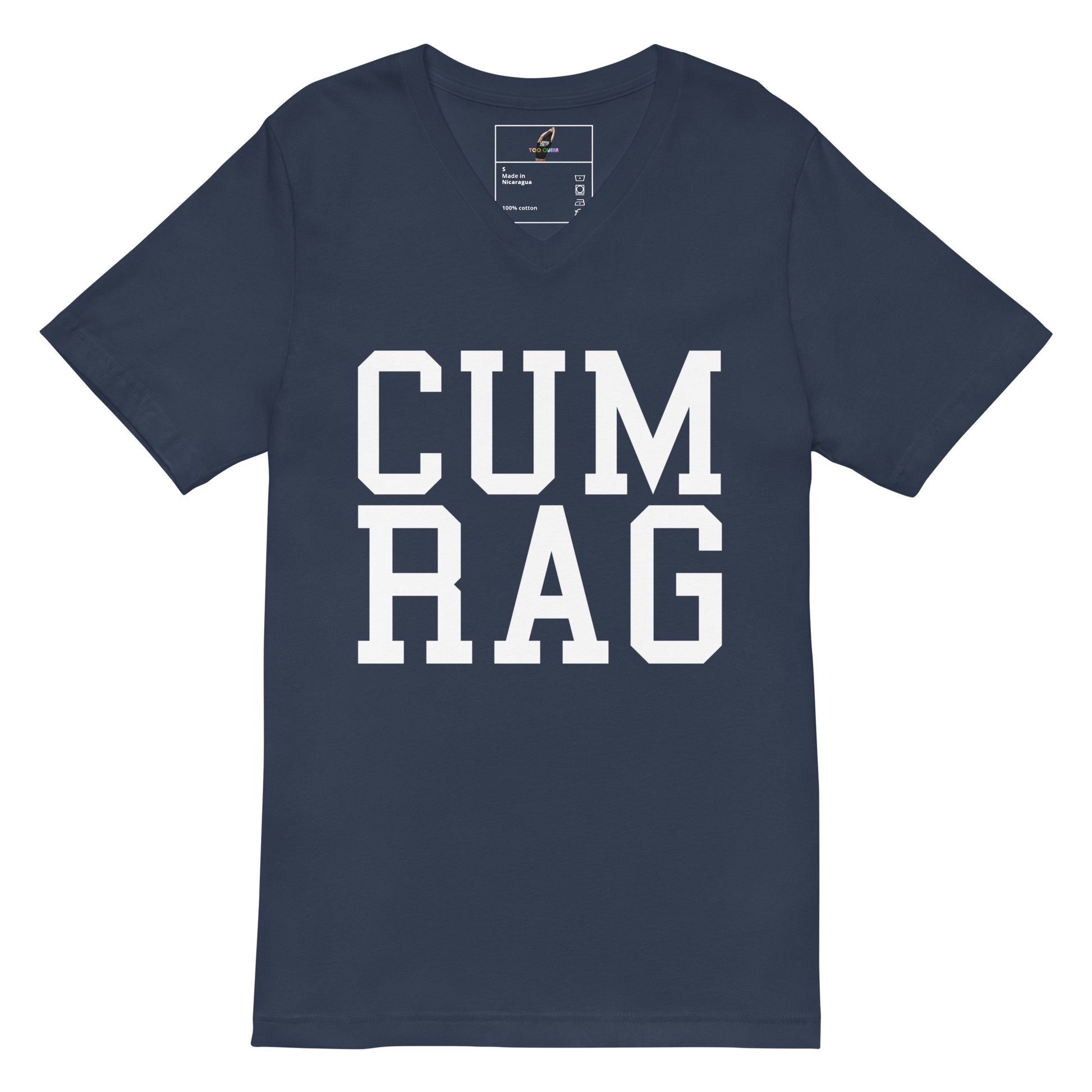 A navy blue short-sleeve V-neck t-shirt with the words 'CUM RAG' printed in large white block letters across the front, displayed on a clean white background.