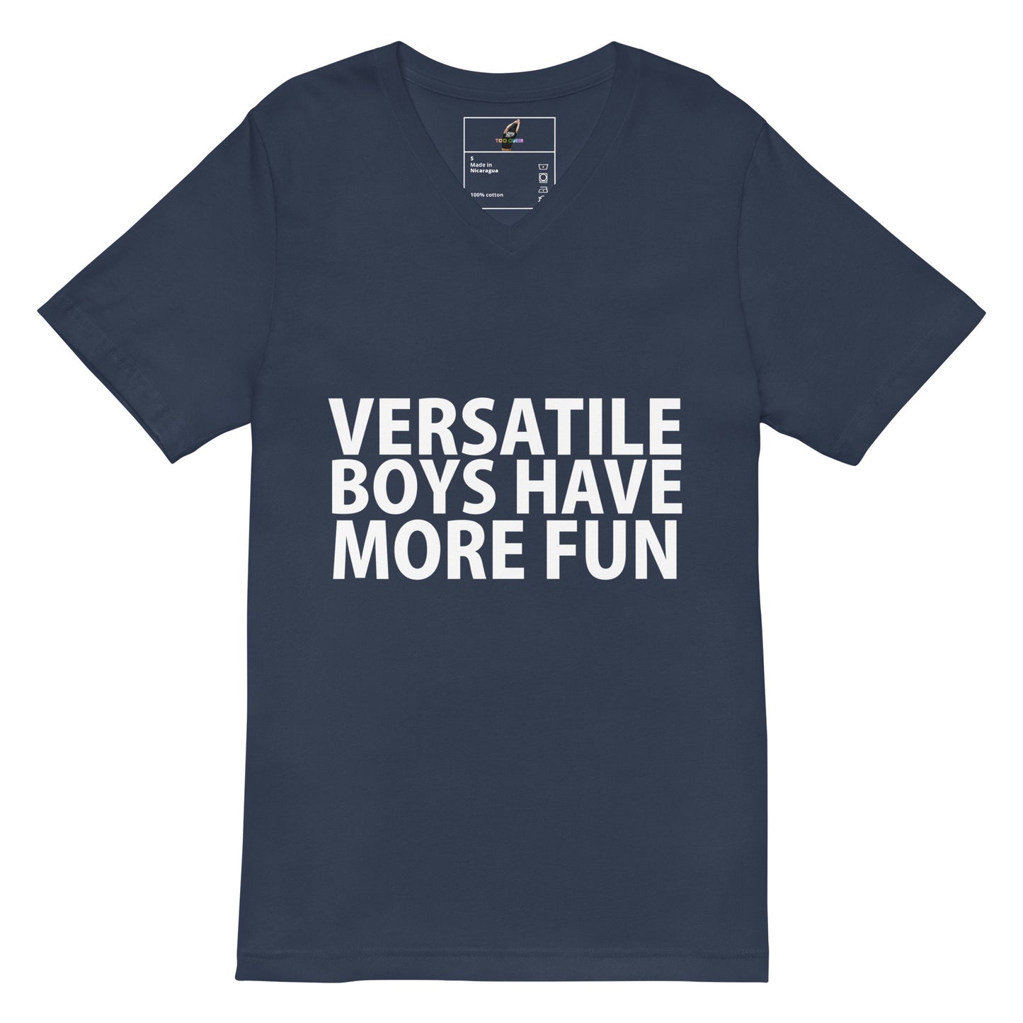 A navy blue v-neck t-shirt with the phrase 'VERSATILE BOYS HAVE MORE FUN' printed in bold white capital letters across the chest, displayed on a clean white background.