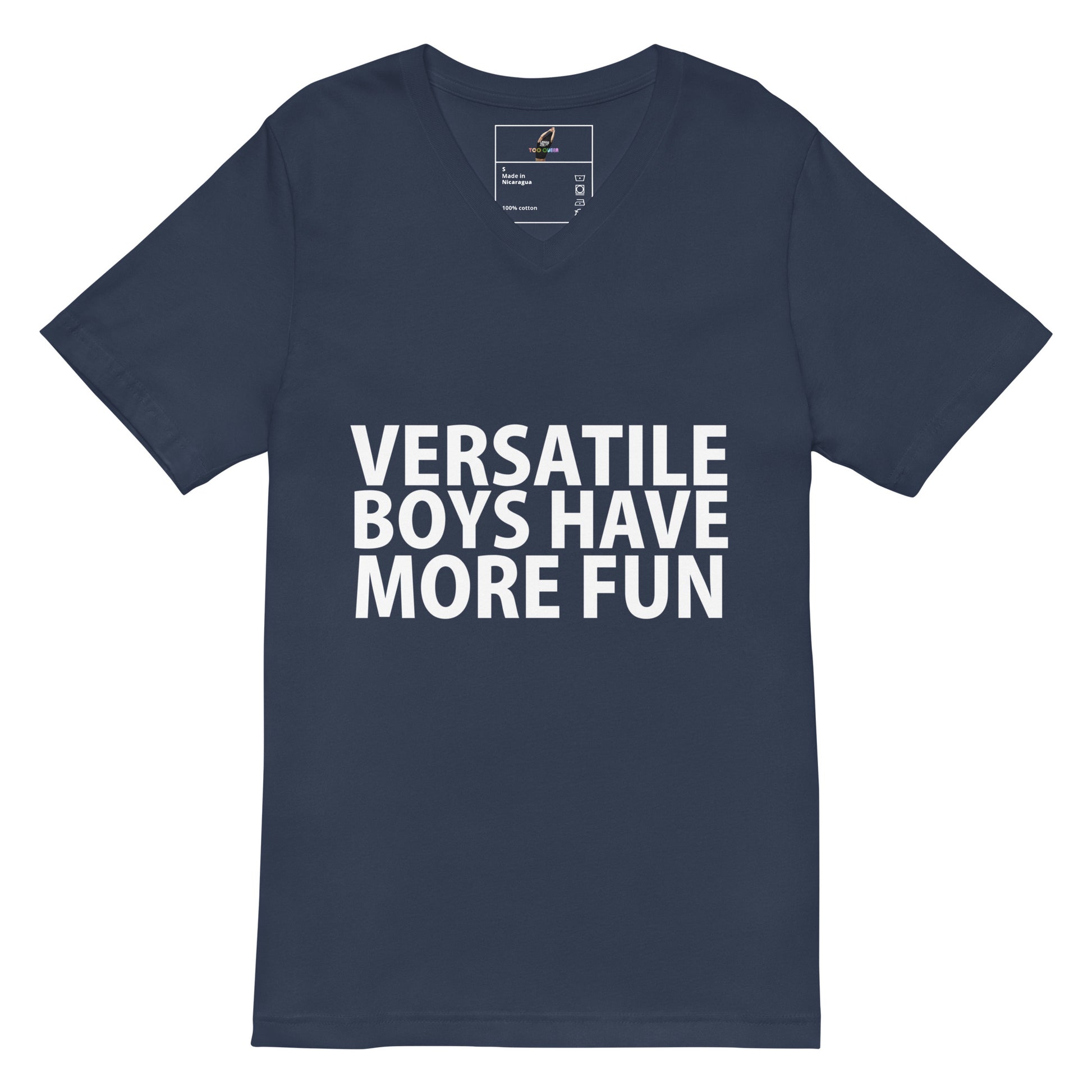 A navy blue v-neck t-shirt with the phrase 'VERSATILE BOYS HAVE MORE FUN' printed in bold white capital letters across the chest, displayed on a clean white background.