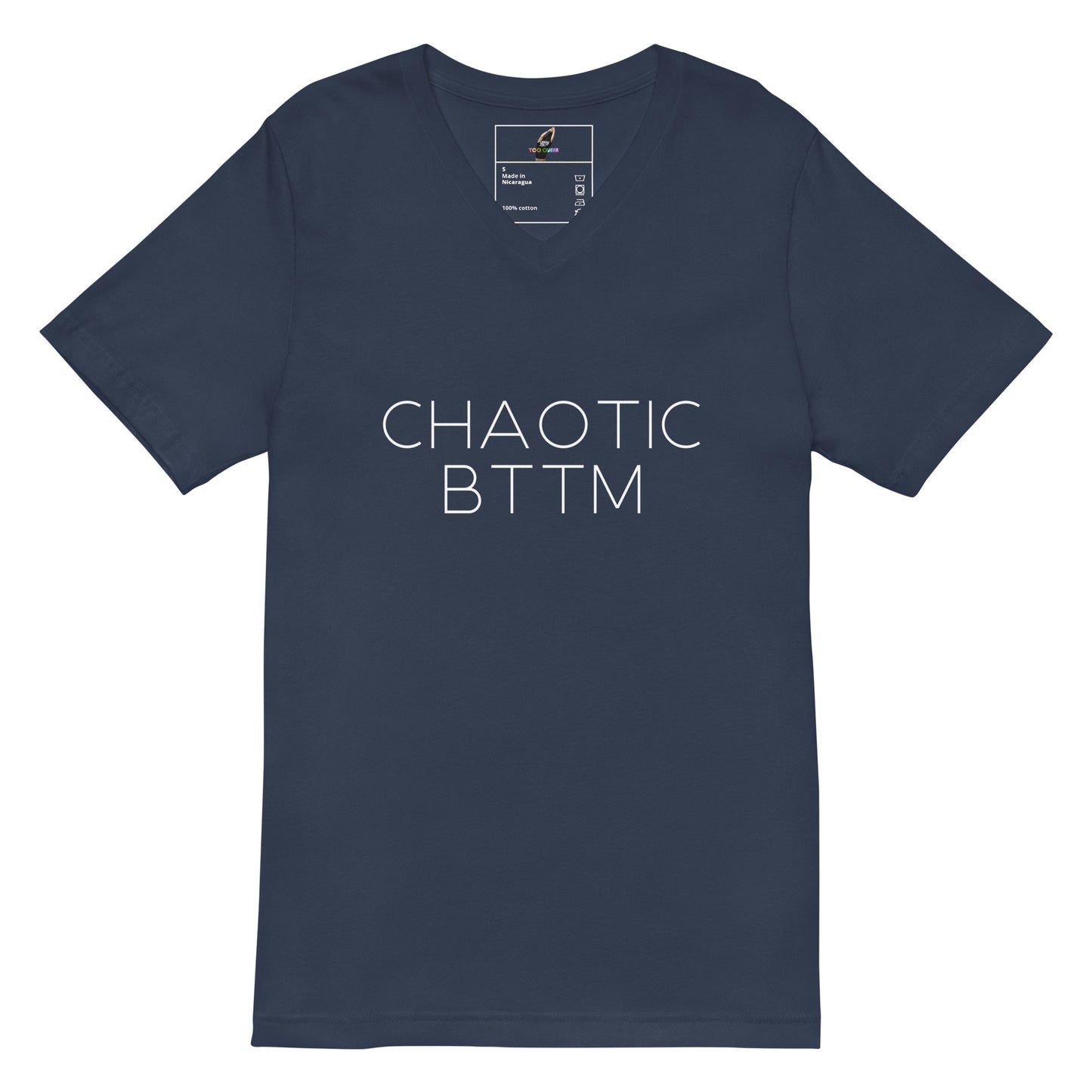 Black t-shirt with a logo on the chest against a white background