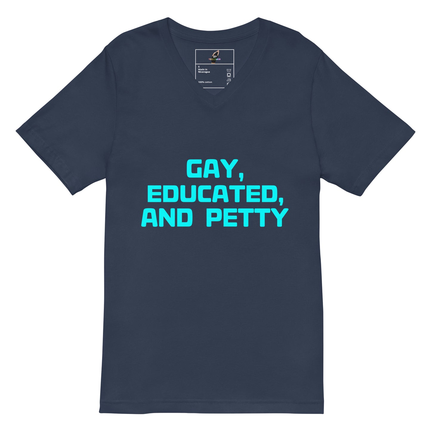 A navy blue V-neck t-shirt with the text 'GAY, EDUCATED, AND PETTY' printed in bright cyan on the chest, displayed against a solid white background.