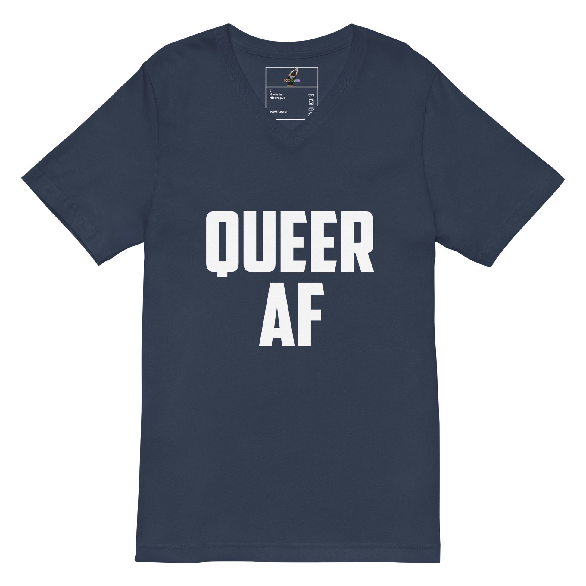 A navy blue short-sleeve V-neck t-shirt with the words 'QUEER AF' printed in bold white capital letters across the chest, displayed on a clean white background.