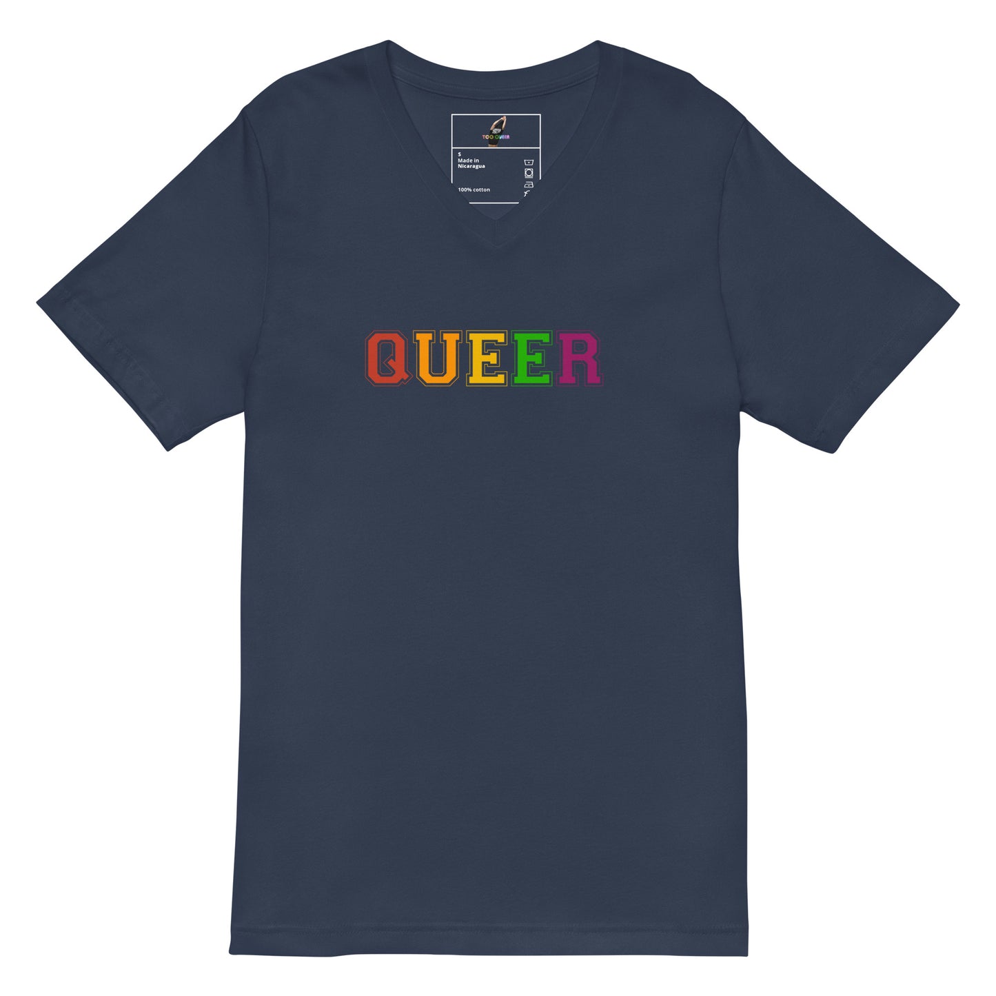 A navy blue short-sleeve V-neck t-shirt with the word 'QUEER' printed across the chest in a rainbow gradient, shown on a plain white background.