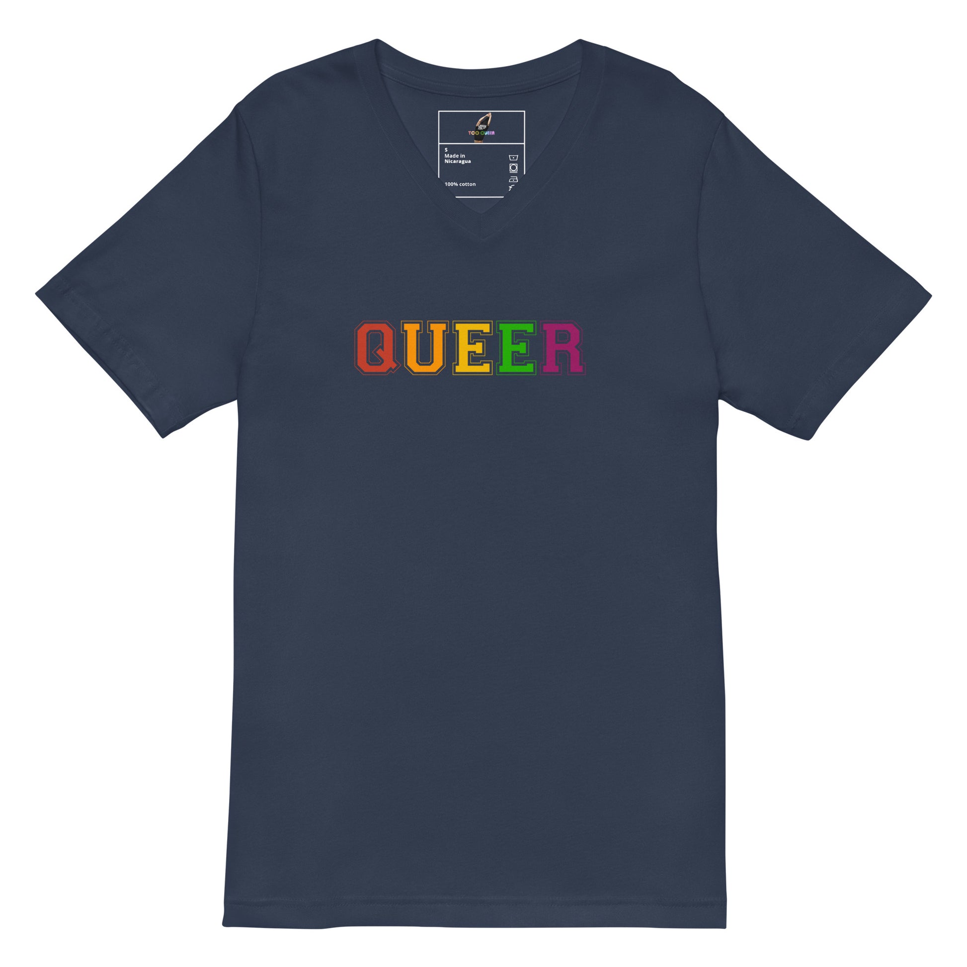 A navy blue short-sleeve V-neck t-shirt with the word 'QUEER' printed across the chest in a rainbow gradient, shown on a plain white background.