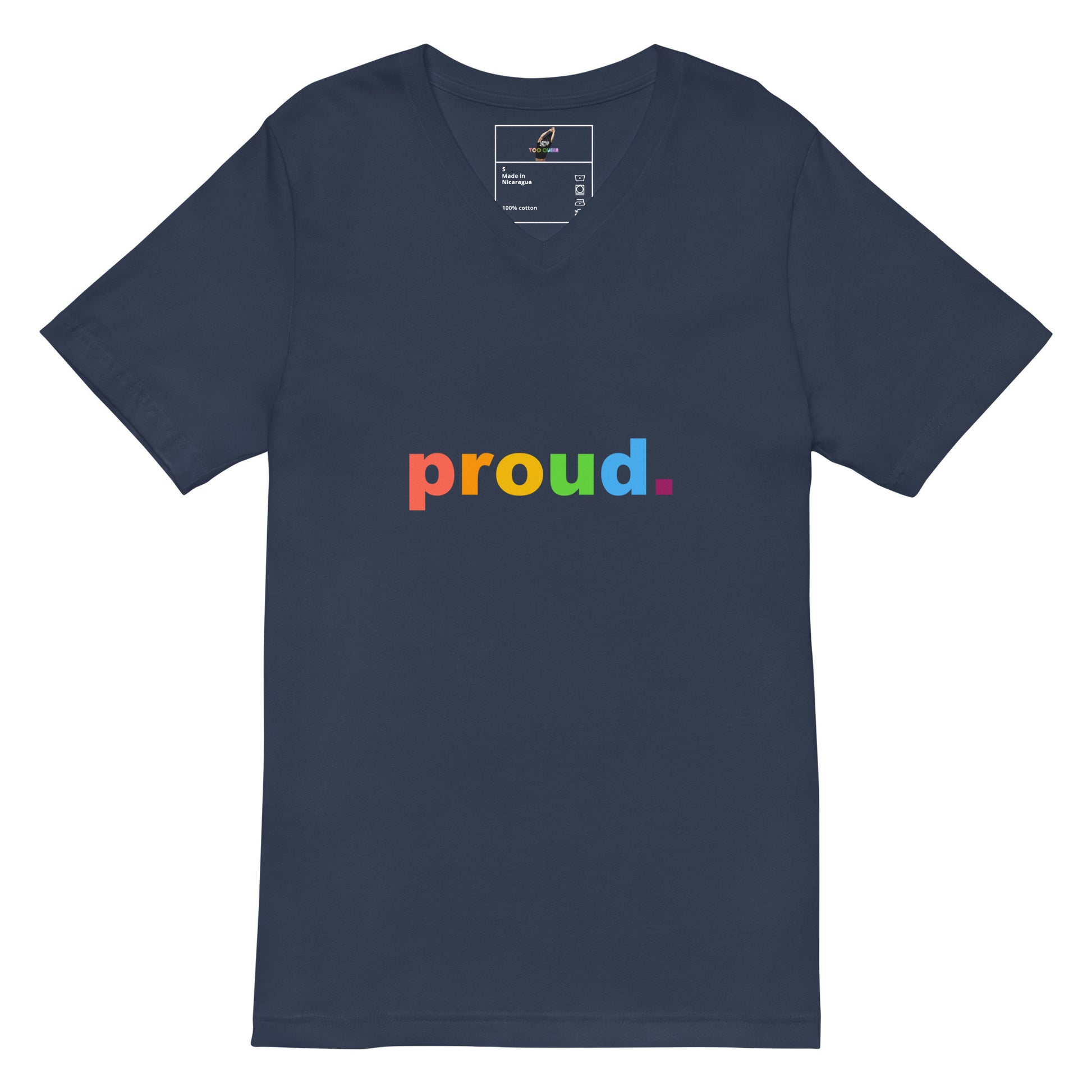 A navy blue v-neck t-shirt with the word 'proud.' printed across the chest in rainbow colors, shown on a plain white background.