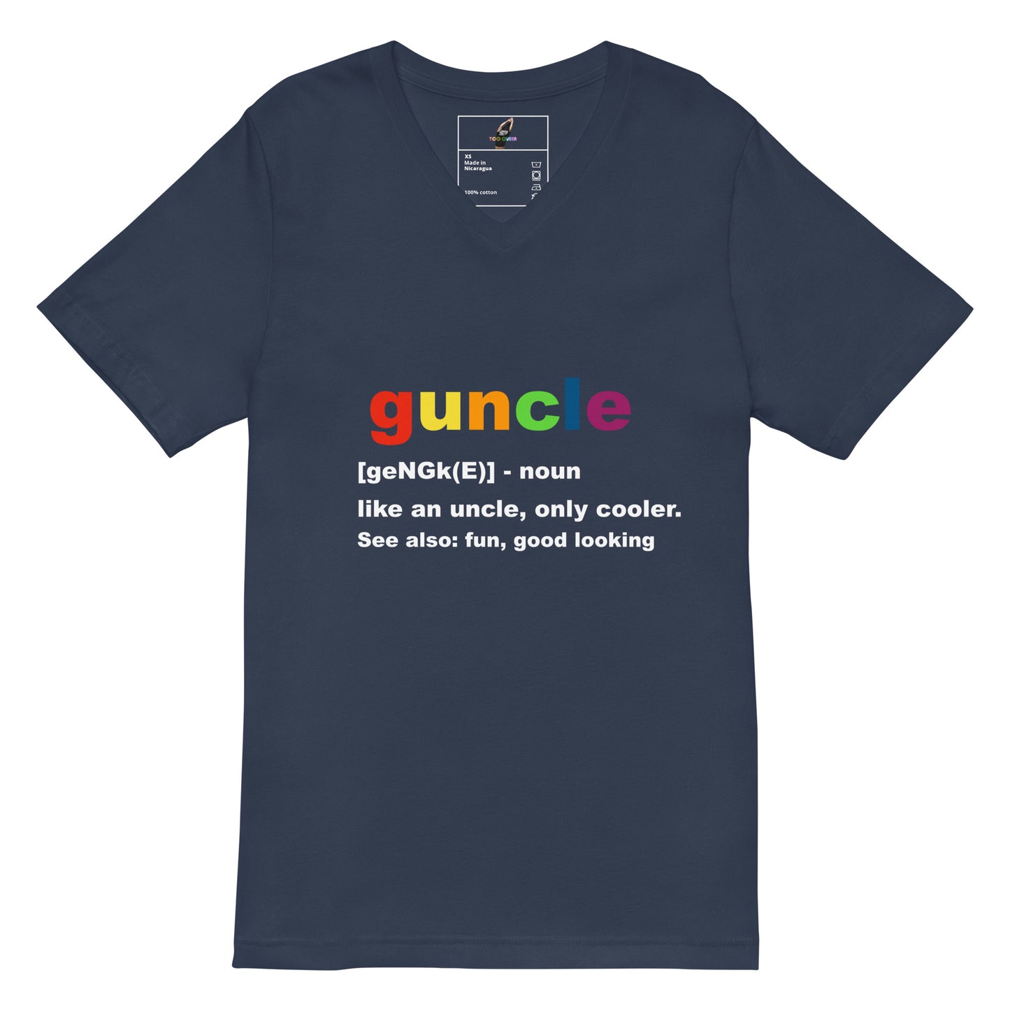 A navy blue v-neck t-shirt with a colorful graphic on the chest spelling 'guncle' in rainbow colors, followed by a dictionary definition in white text.