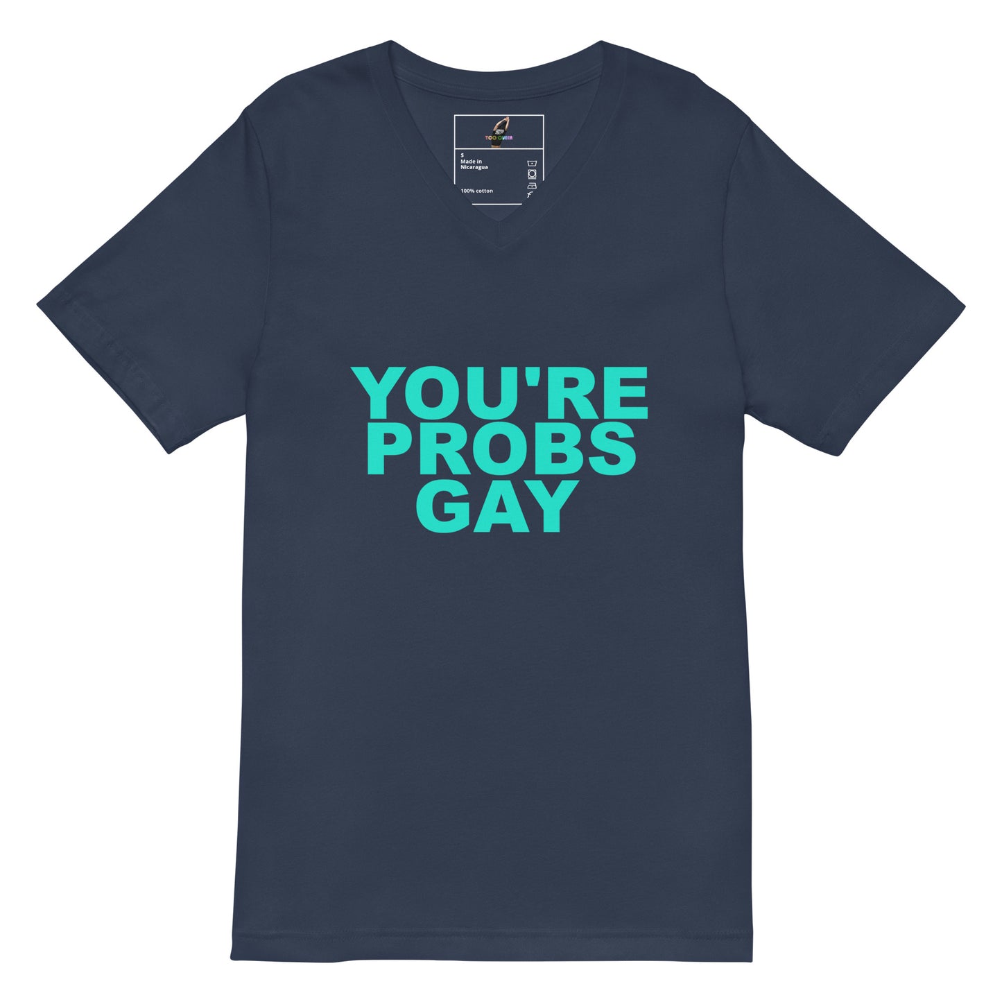 A navy blue V-neck t-shirt with the phrase 'YOU'RE PROBS GAY' printed in a bold, bright teal sans-serif font across the chest, displayed on a clean white background.