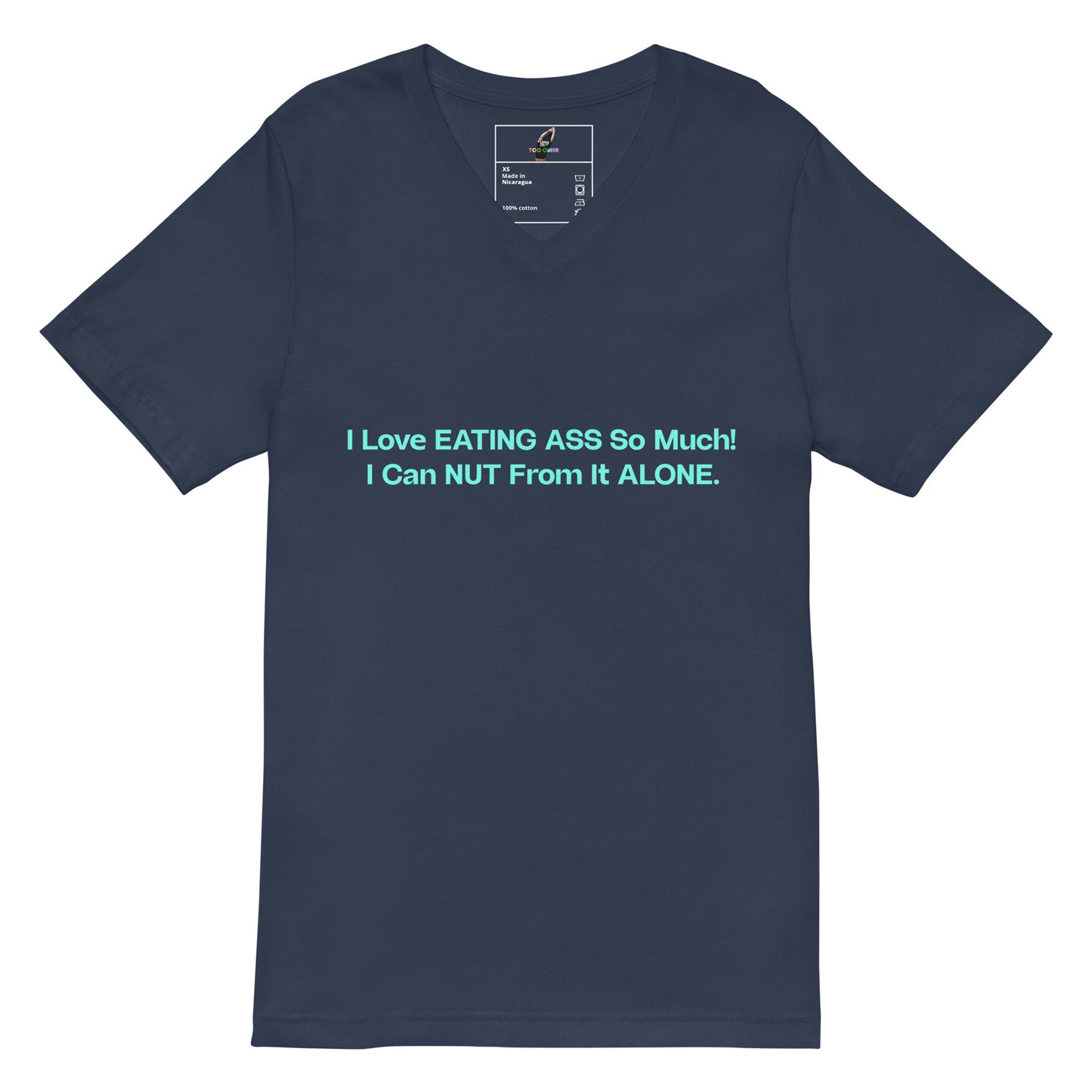 Navy blue t-shirt with pink text on a white background