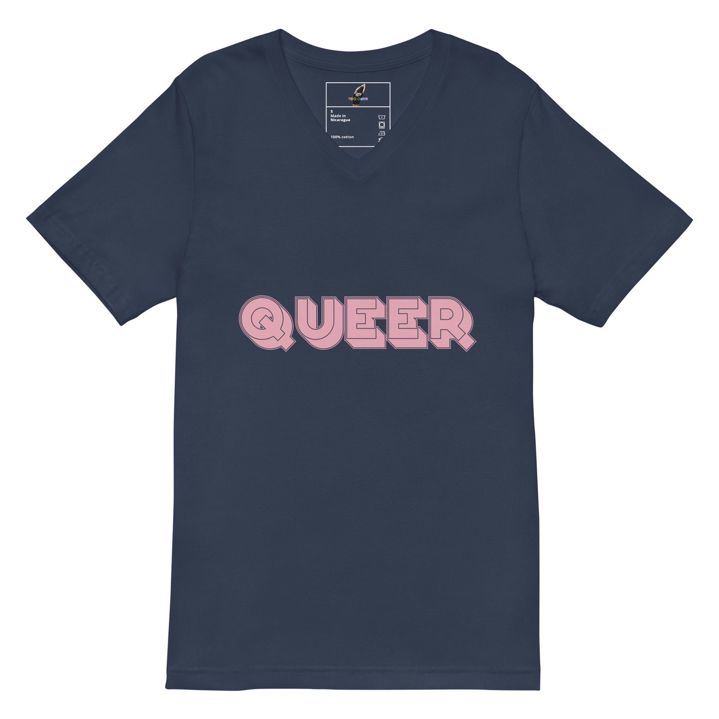 A navy blue short-sleeve V-neck t-shirt with the word 'QUEER' printed across the chest in pink bubble letters, shown on a plain white background.