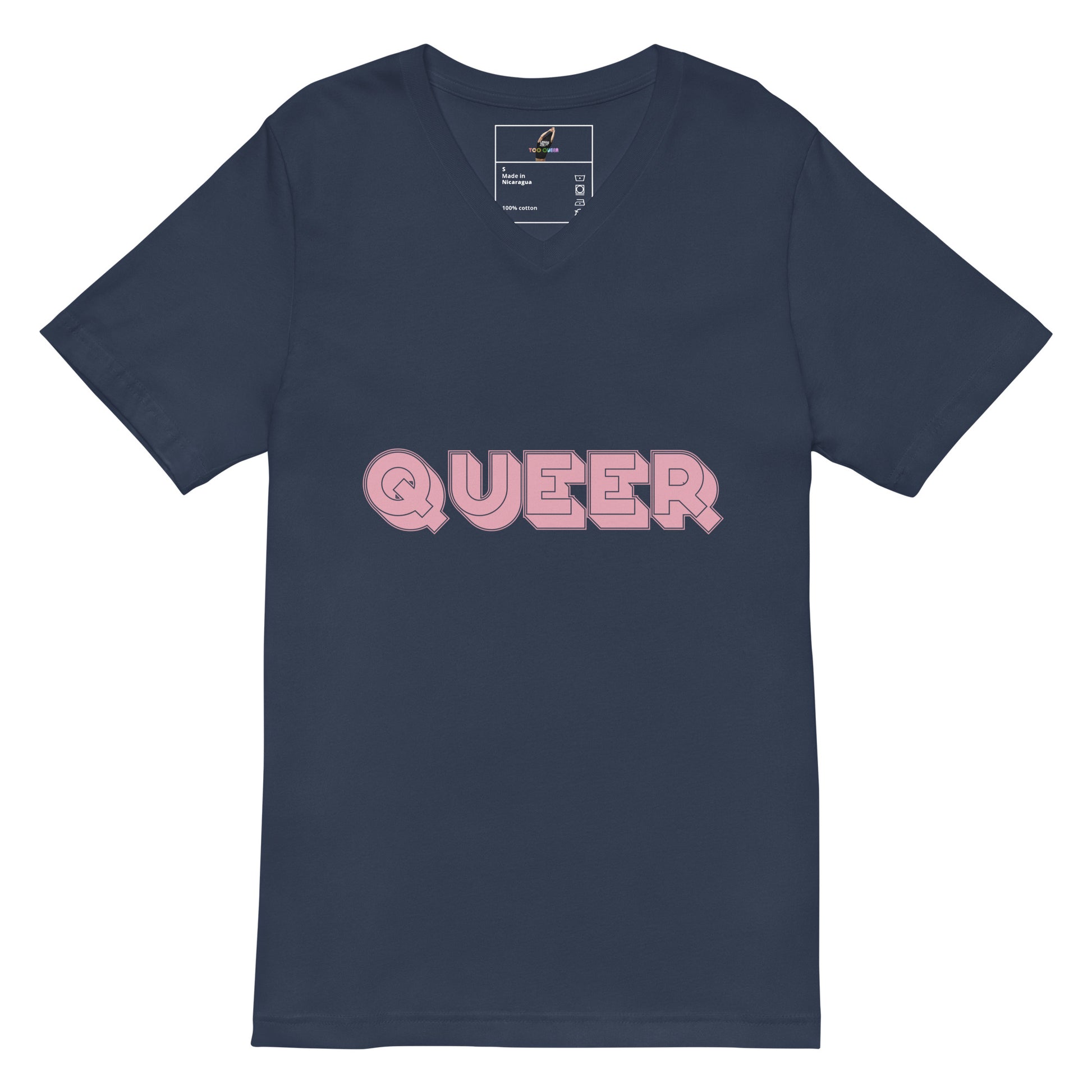 A navy blue short-sleeve V-neck t-shirt with the word 'QUEER' printed across the chest in pink bubble letters, shown on a plain white background.