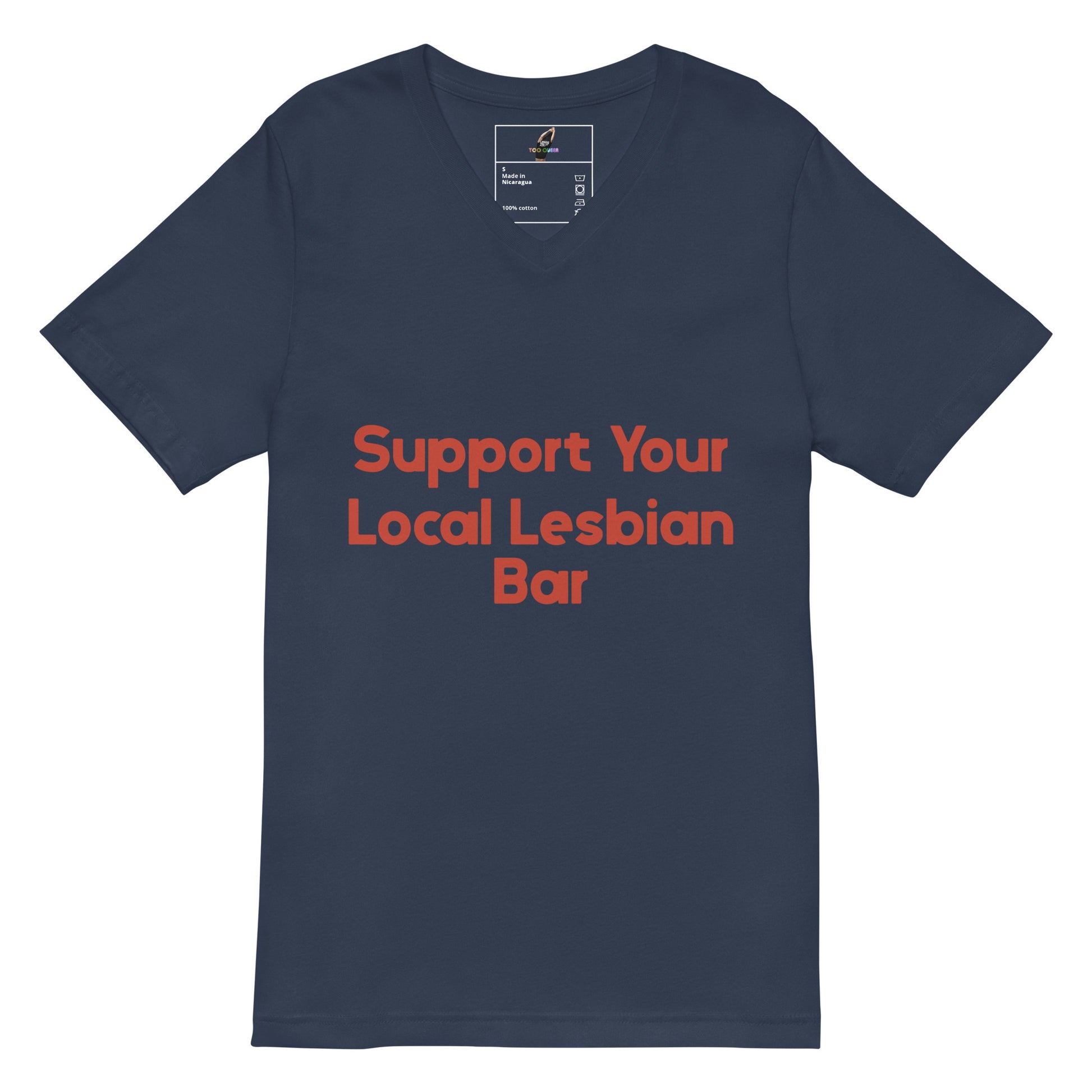 A navy blue v-neck t-shirt with the text 'Support Your Local Lesbian Bar' printed in orange-red across the chest, displayed on a clean white background.