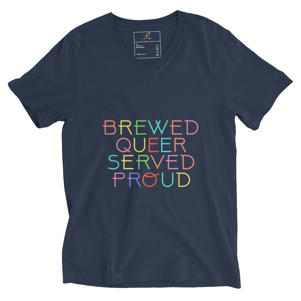Brewed Queer Served Proud Unisex Short Sleeve V-Neck T-Shirt - Navy