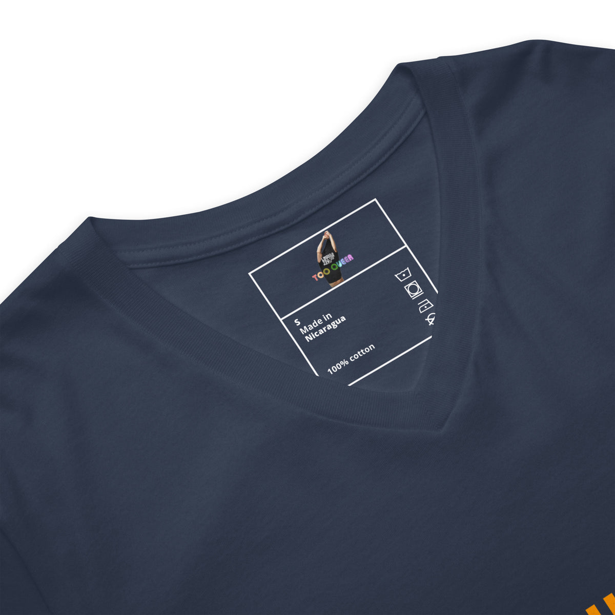 Navy blue t-shirt with a label on the collar displaying brand and size information.