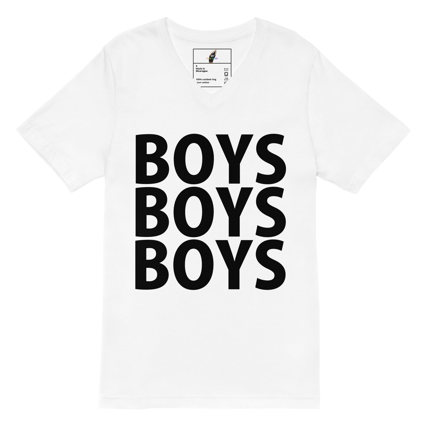 A white short-sleeve crewneck t-shirt featuring the word 'BOYS' printed vertically in bold black block letters, repeated three times to read 'BOYS BOYS BOYS'.