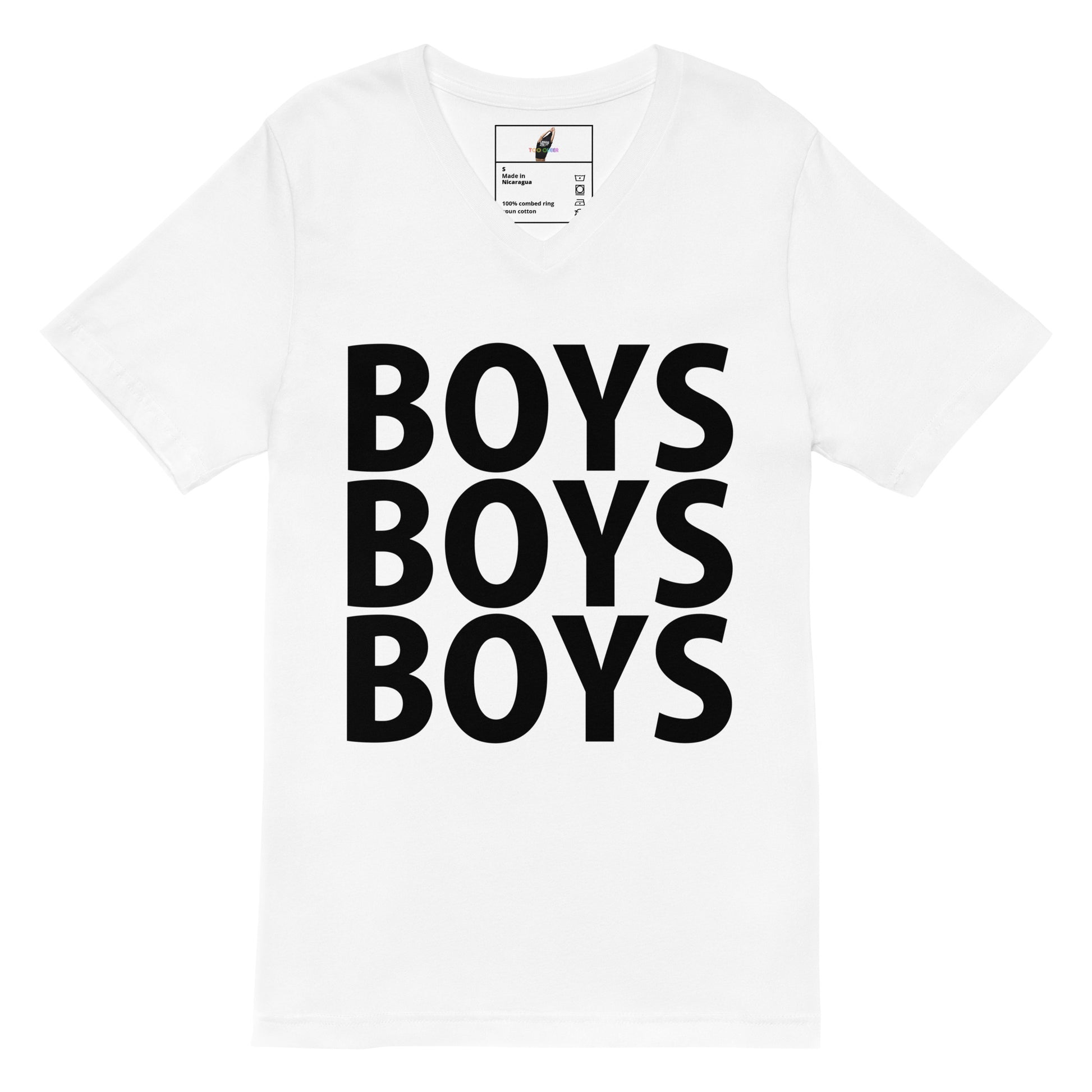 A white short-sleeve crewneck t-shirt featuring the word 'BOYS' printed vertically in bold black block letters, repeated three times to read 'BOYS BOYS BOYS'.